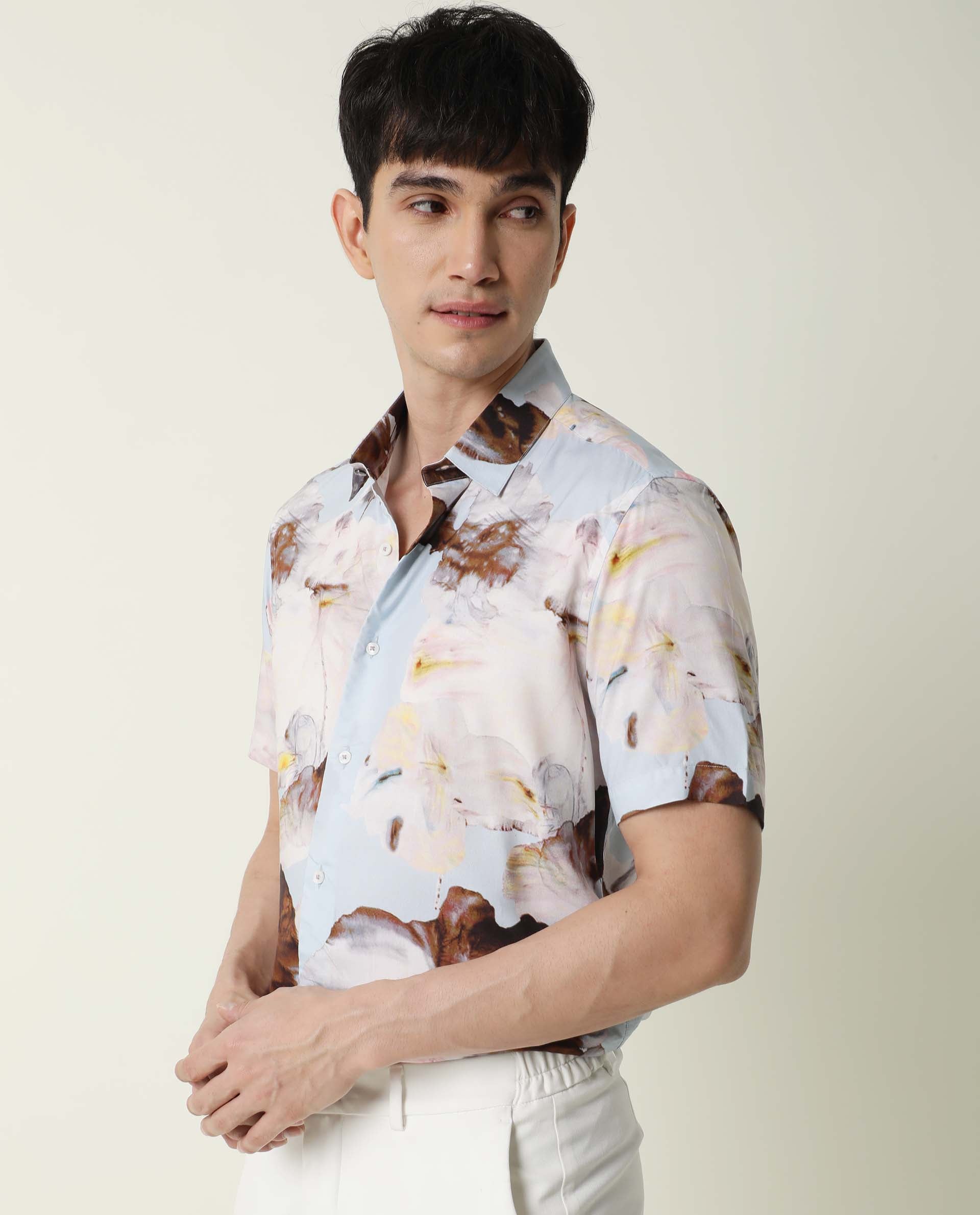 RARE RABBIT MEN'S BREEZY BLUE SHIRT VISCOSE FABRIC COLLARED NECK HALF SLEEVES BUTTON CLOSURE SLIM FIT