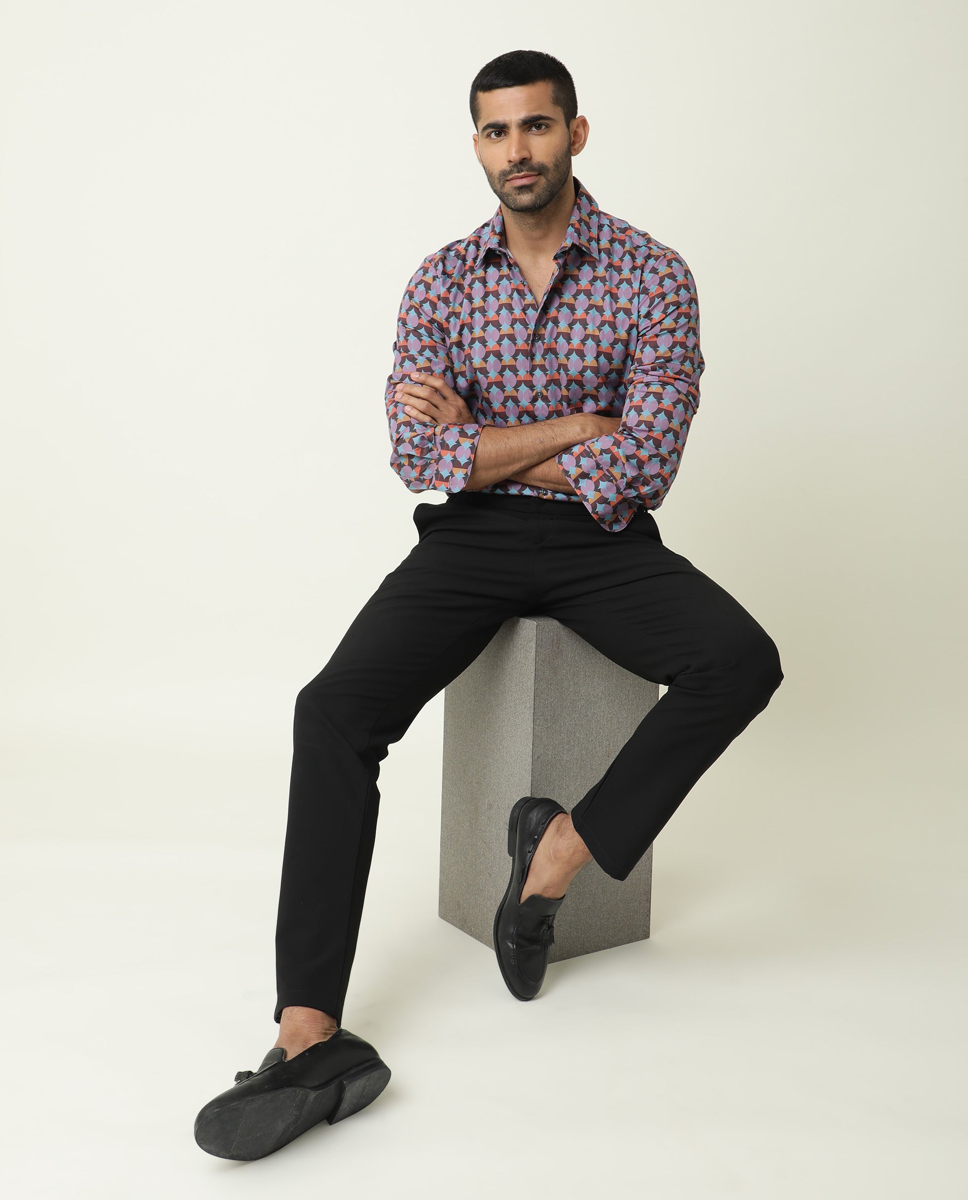 Rare Rabbit Men's Coret Multi Cotton Fabric Geometric Print Full Sleeves Shirt