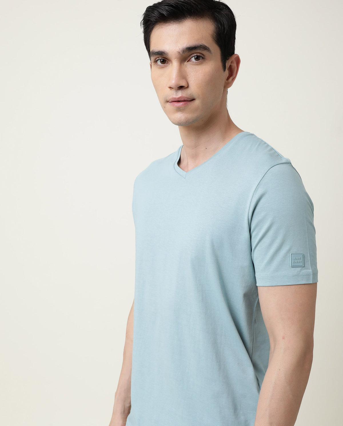 Rare Rabbit Entre Primary Blue Solid V-Neck With Branding on Sleeves Half Sleeves Regular Fit T-Shirt