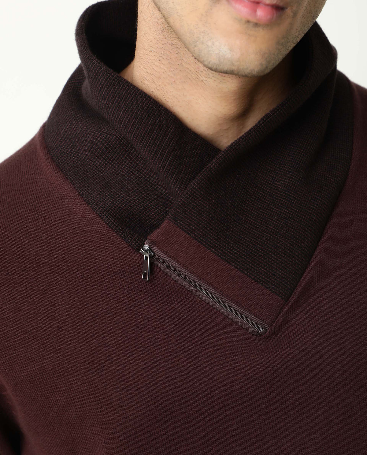 Rare Rabbit Men'S Denver Maroon Pullover Cotton Fabric Cowl Neck Full Sleeves Zipper Closure Slim Fit