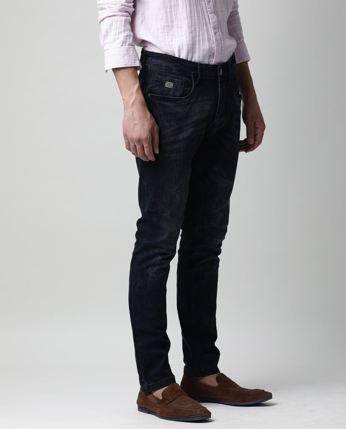 Rare Rabbit Men'S Kobe Blue Jeans Pant Cotton Viscose Fabric Slim Fit Mid-Rise Waist Button & Zip Closure
