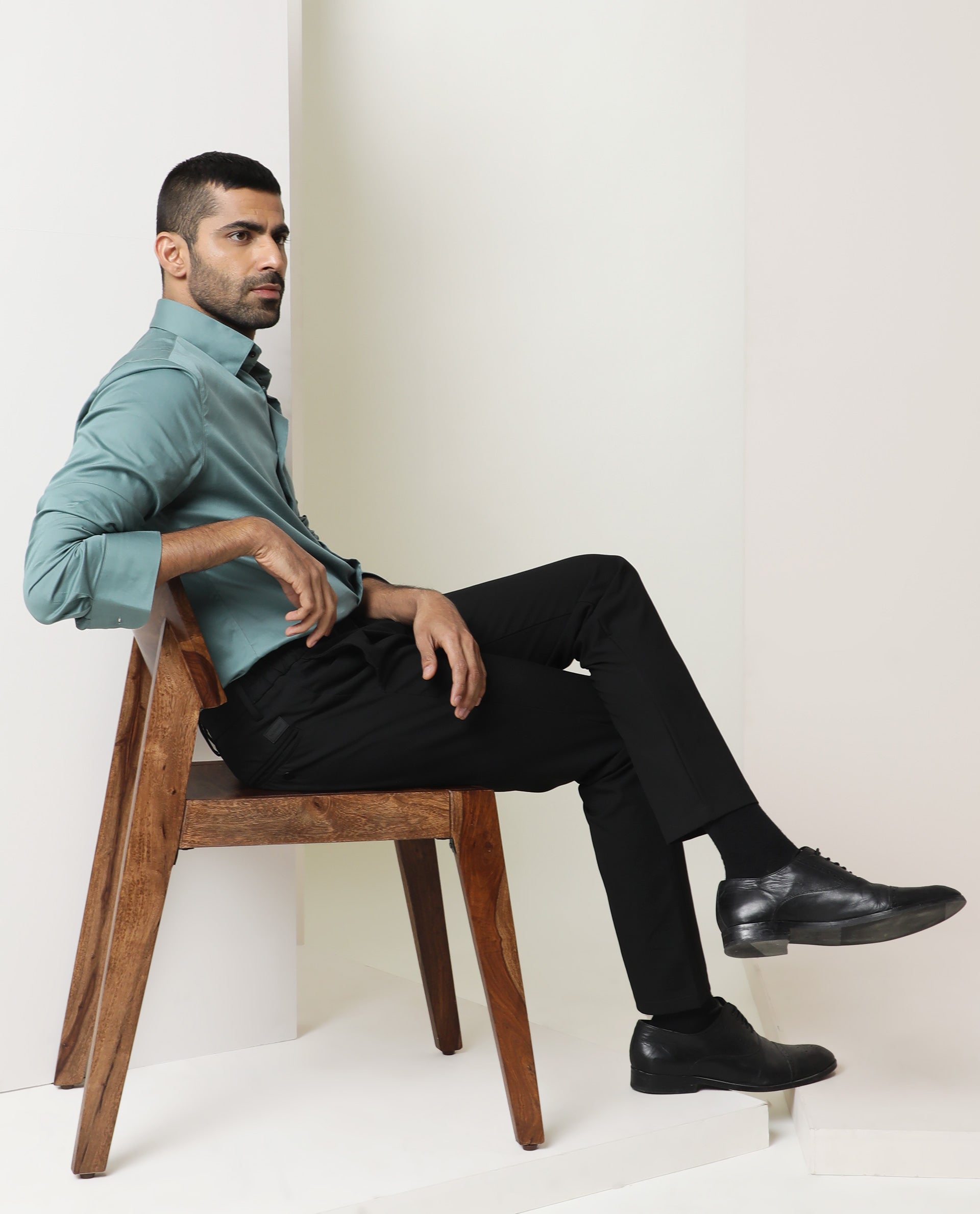 Rare Rabbit Men's Como Green Satin Fabric Button Down Collar Full Sleeves Solid Formal Shirt