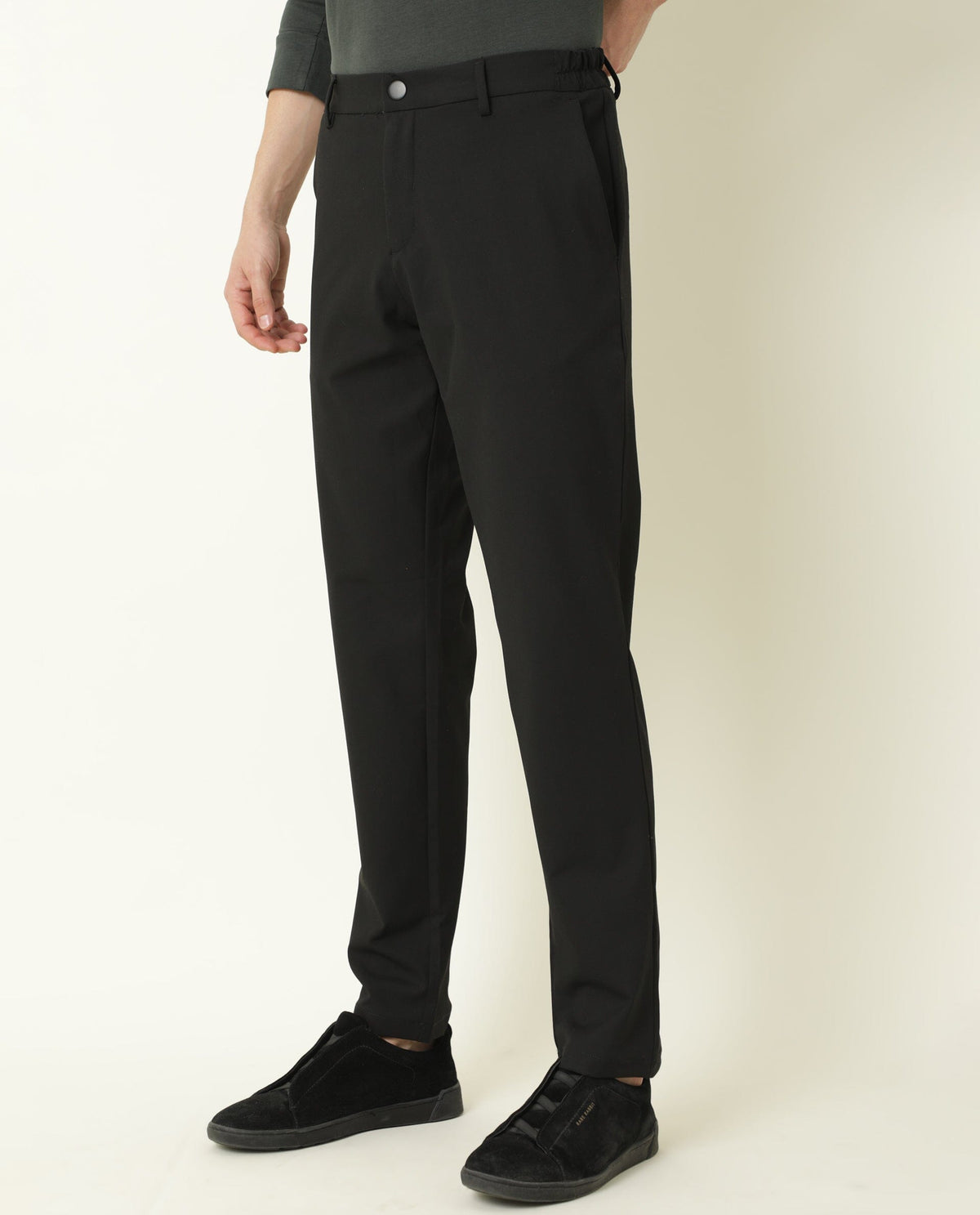 Rare Rabbit Men's Travel-2 Black Solid Mid-Rise Slim Fit Stretch Trousers