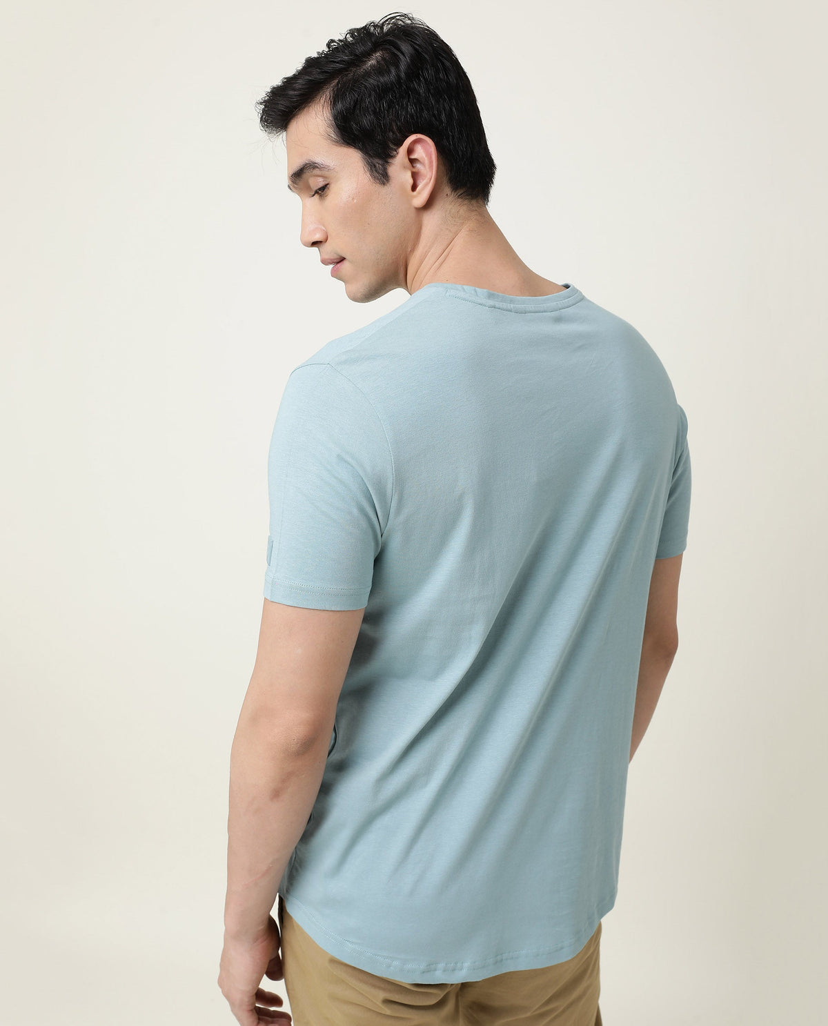 Rare Rabbit Entre Primary Blue Solid V-Neck With Branding on Sleeves Half Sleeves Regular Fit T-Shirt