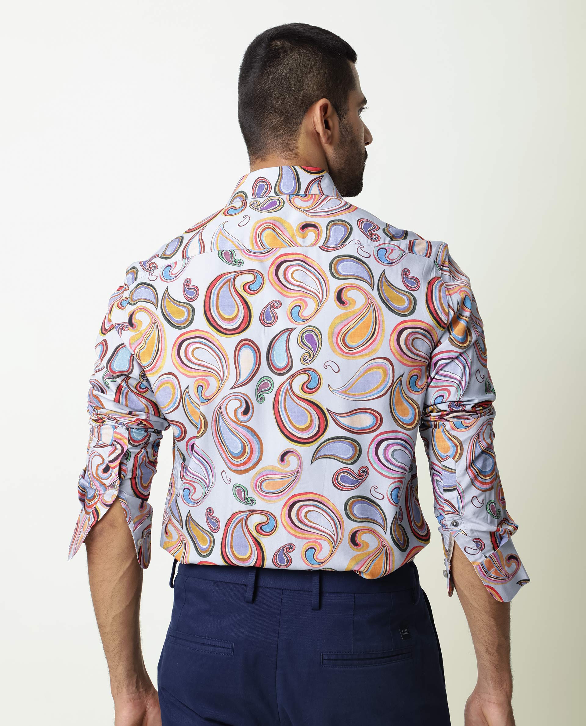 Rare Rabbit Men's Marsh Ls Blue Viscose Fabric Paisley Print Full Sleeves Shirt