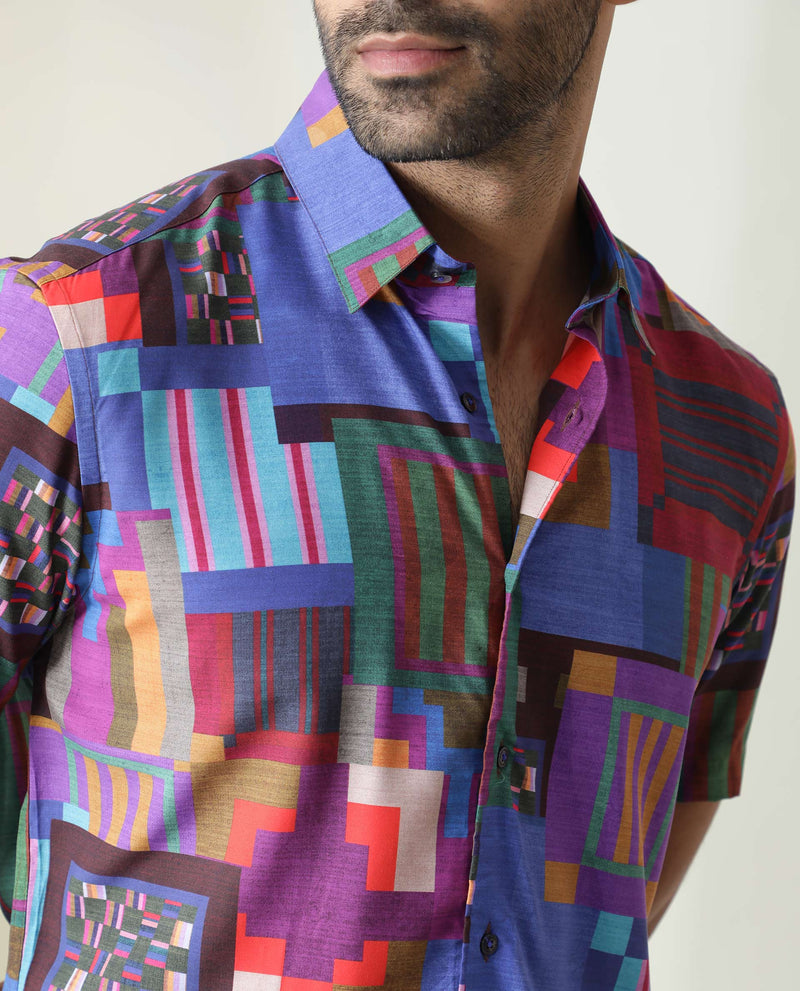 Rare Rabbit Men's Circon Multi Viscose Fabric Half Sleeves Geometric Print Shirt