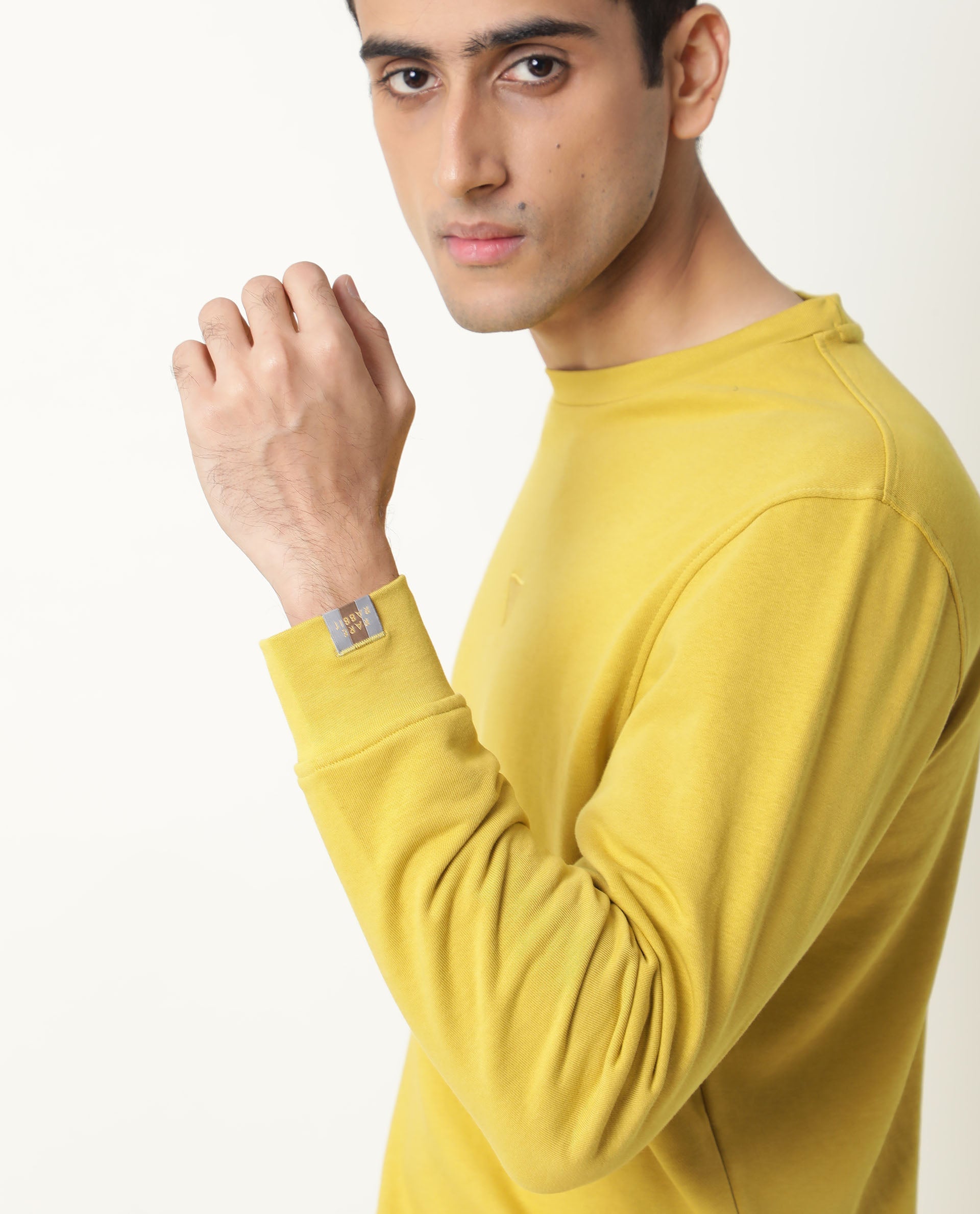 Rare Rabbit Men'S Eden Yellow Sweatshirt Crew Neck Full Sleeves Slim Fit