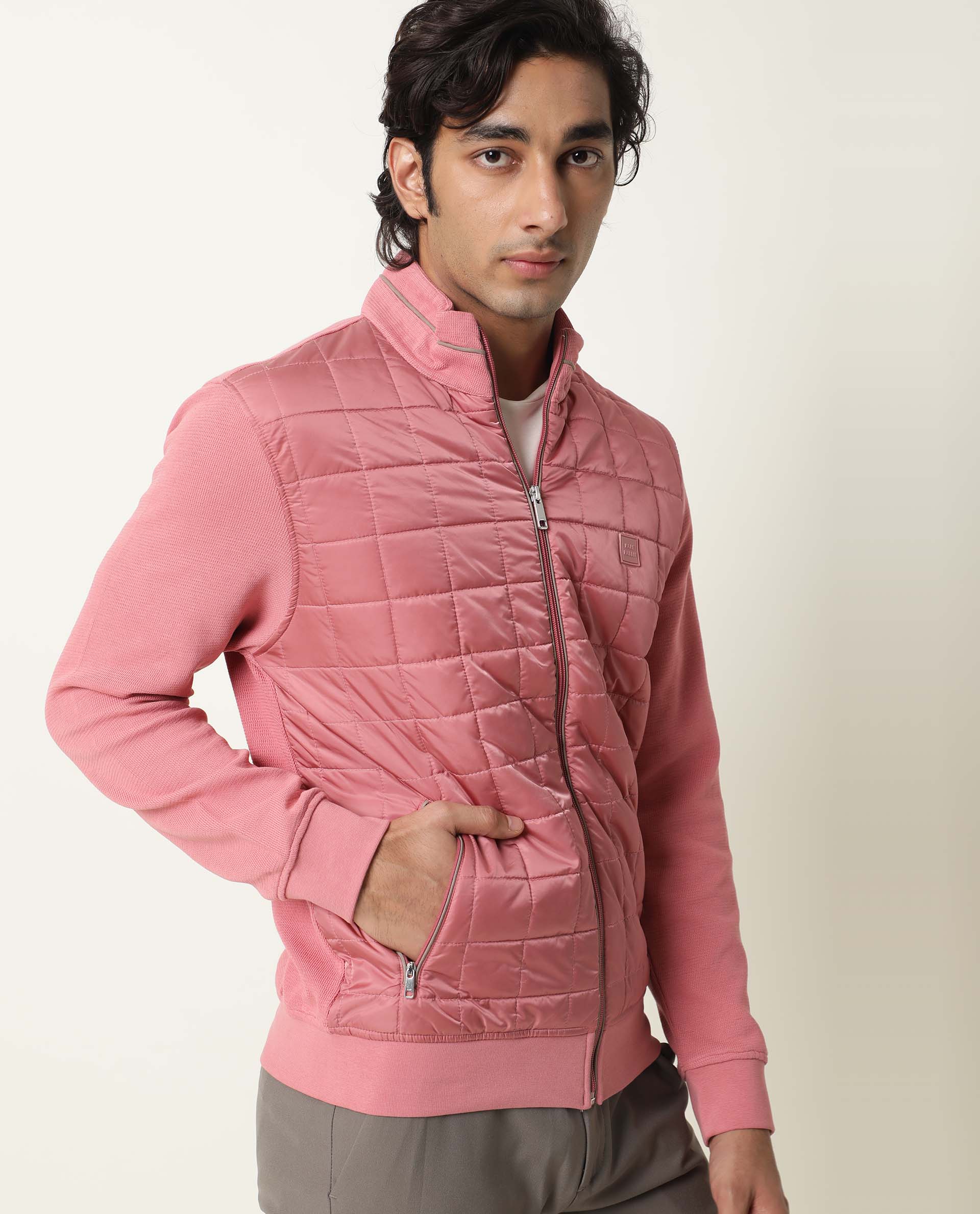 Rare Rabbit Men's Kneto Primary Pink Plain High Neck Puffer Jacket