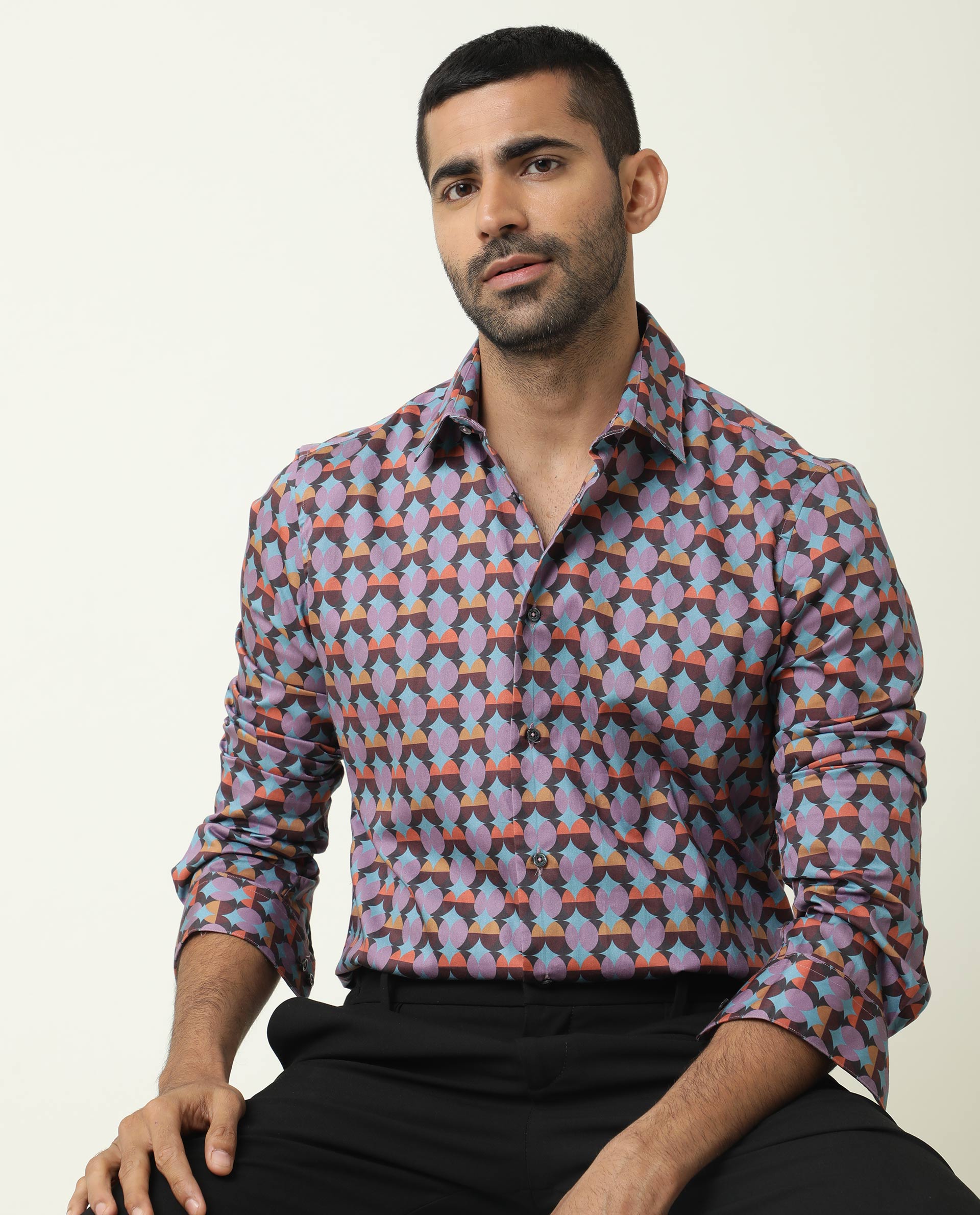 Rare Rabbit Men's Coret Multi Cotton Fabric Geometric Print Full Sleeves Shirt