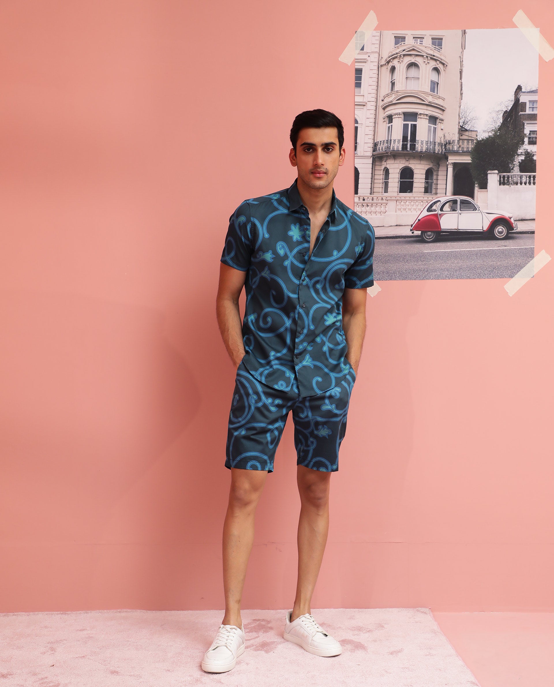 Rare Rabbit Mens Monlet Petrol Cotton Fabric Button & Zip Closure Regular Fit Mid Rise Abstract Print Shorts