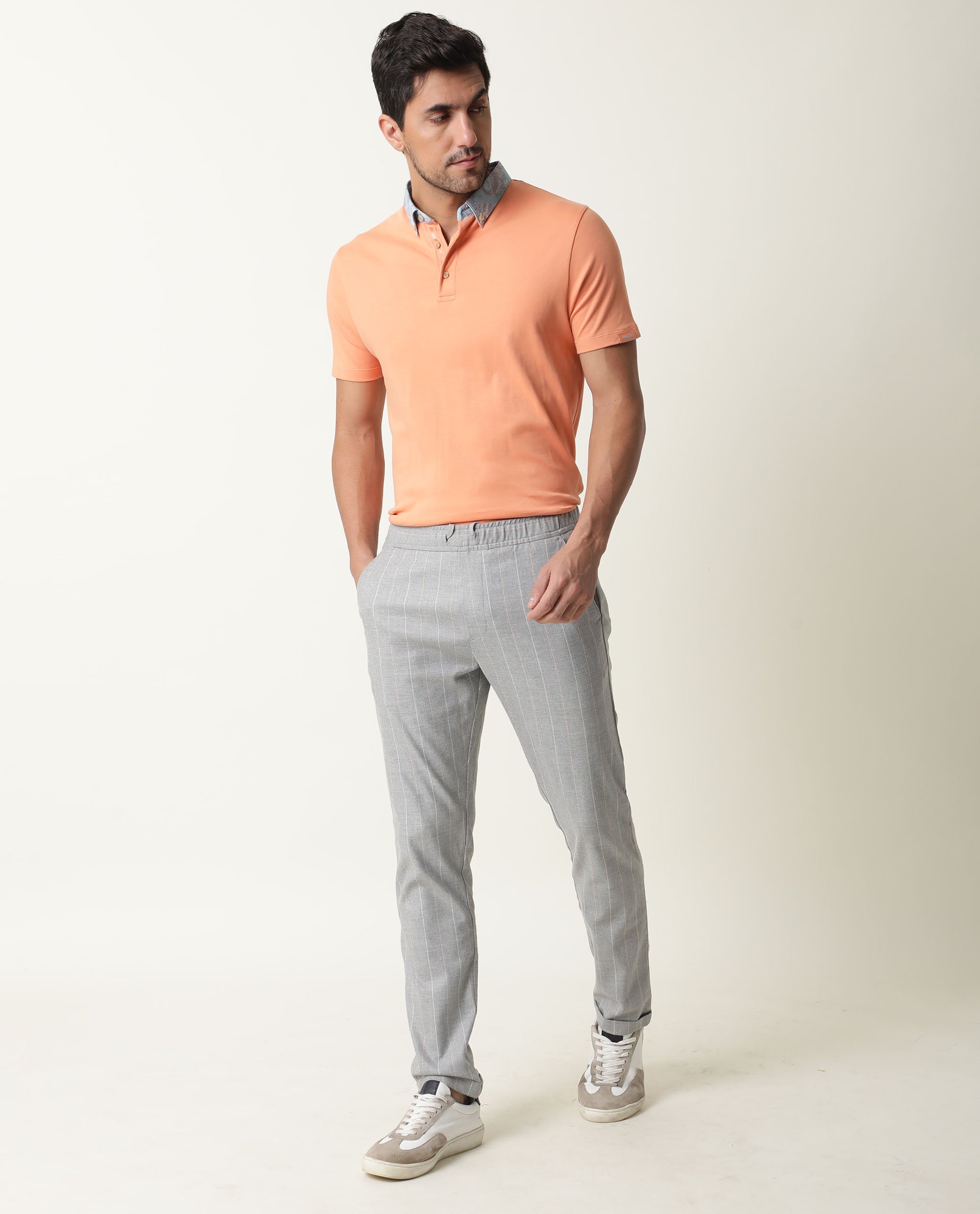 Rare Rabbit Men's Ringer Peach Cotton Fabric Printed Collar Neck Half Sleeves Polo T-Shirt