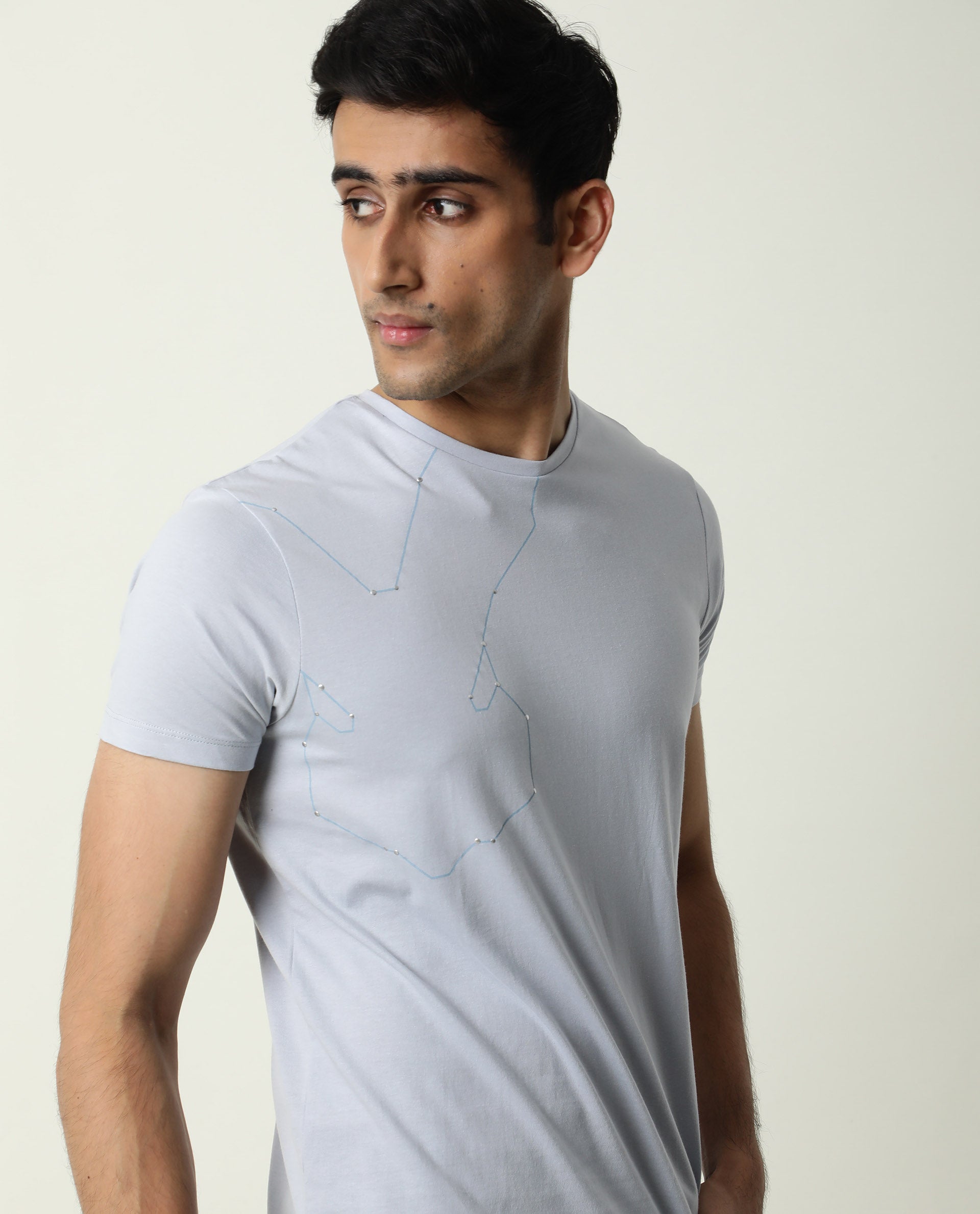 Rare Rabbit Men's Graphs Blue Crew Neck Slim Fit Graphic Printed T-Shirt