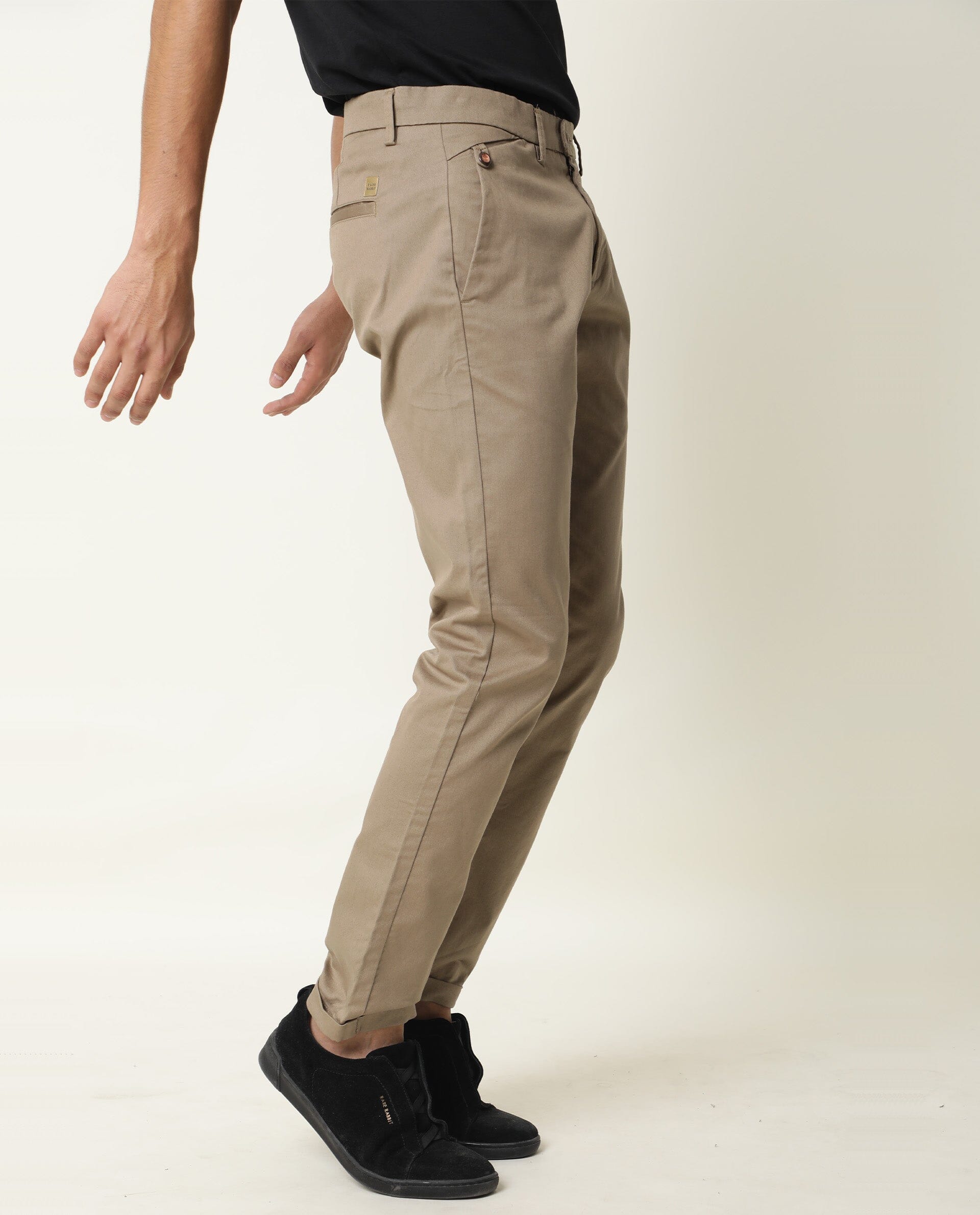Rare Rabbit Men's Aps Olive Solid Mid-Rise Regular Fit Stretch Trouser