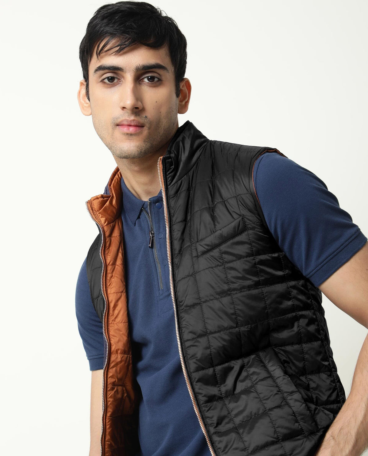 Rare Rabbit Men's Fillex Orange Solid Reversible Quilted Sleeveless Puffer Jacket