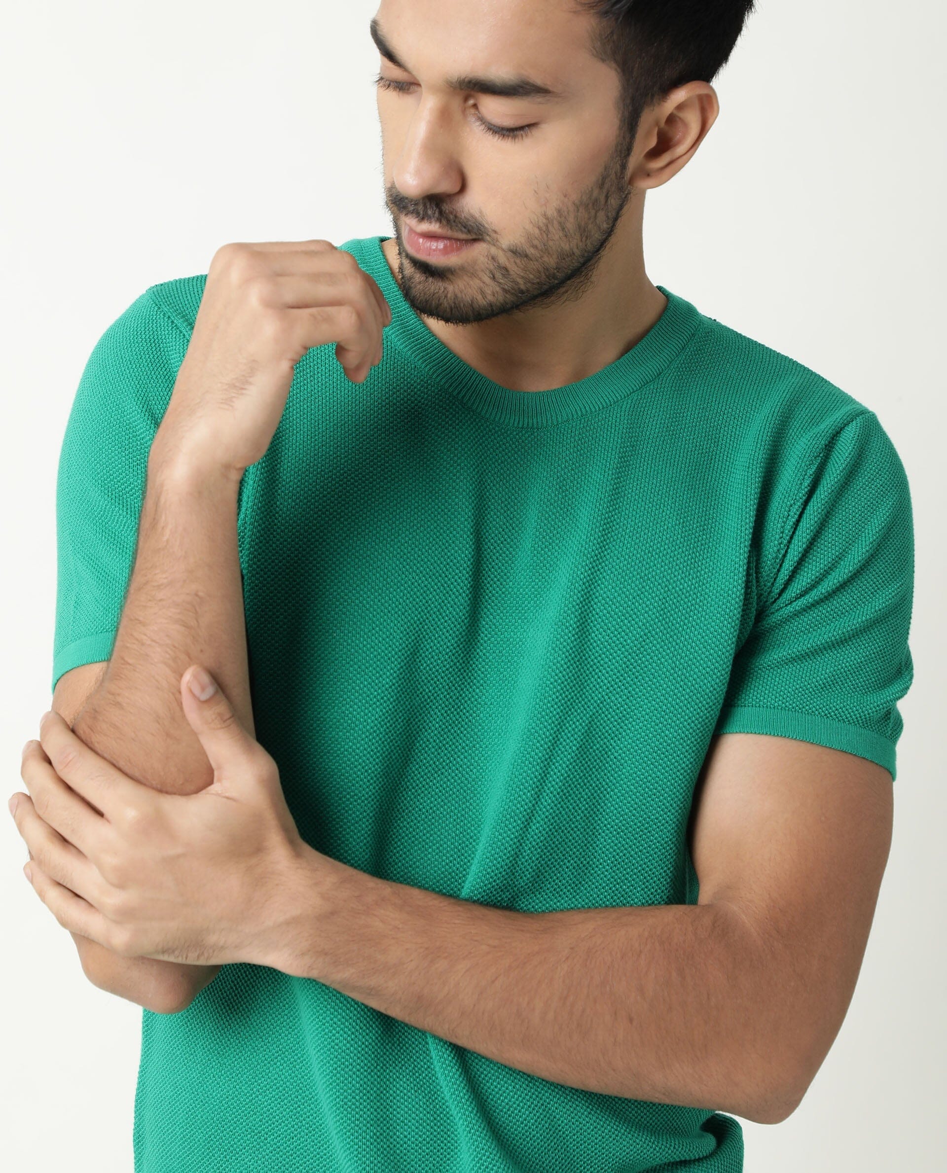 Rare Rabbit Men's Clue Green Solid Crew Neck Popcorn Textured Half Sleeves T-Shirt