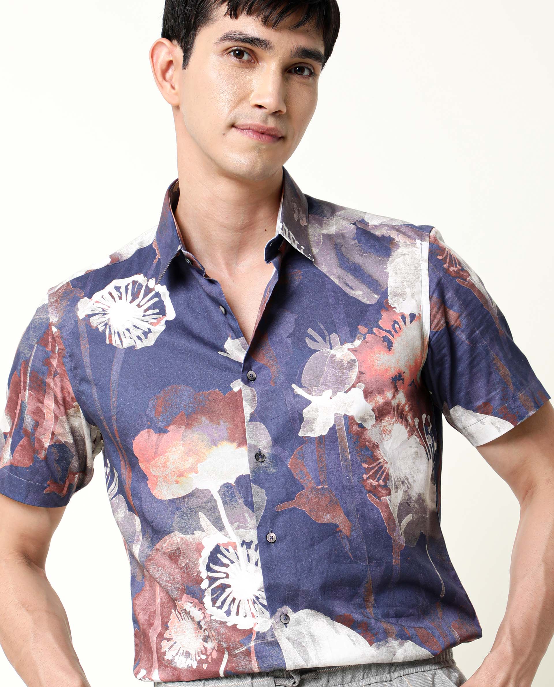 Rare Rabbit Men's Eighty Blue Cotton Floral Print Regular Fit Half Sleeve Collared Shirt