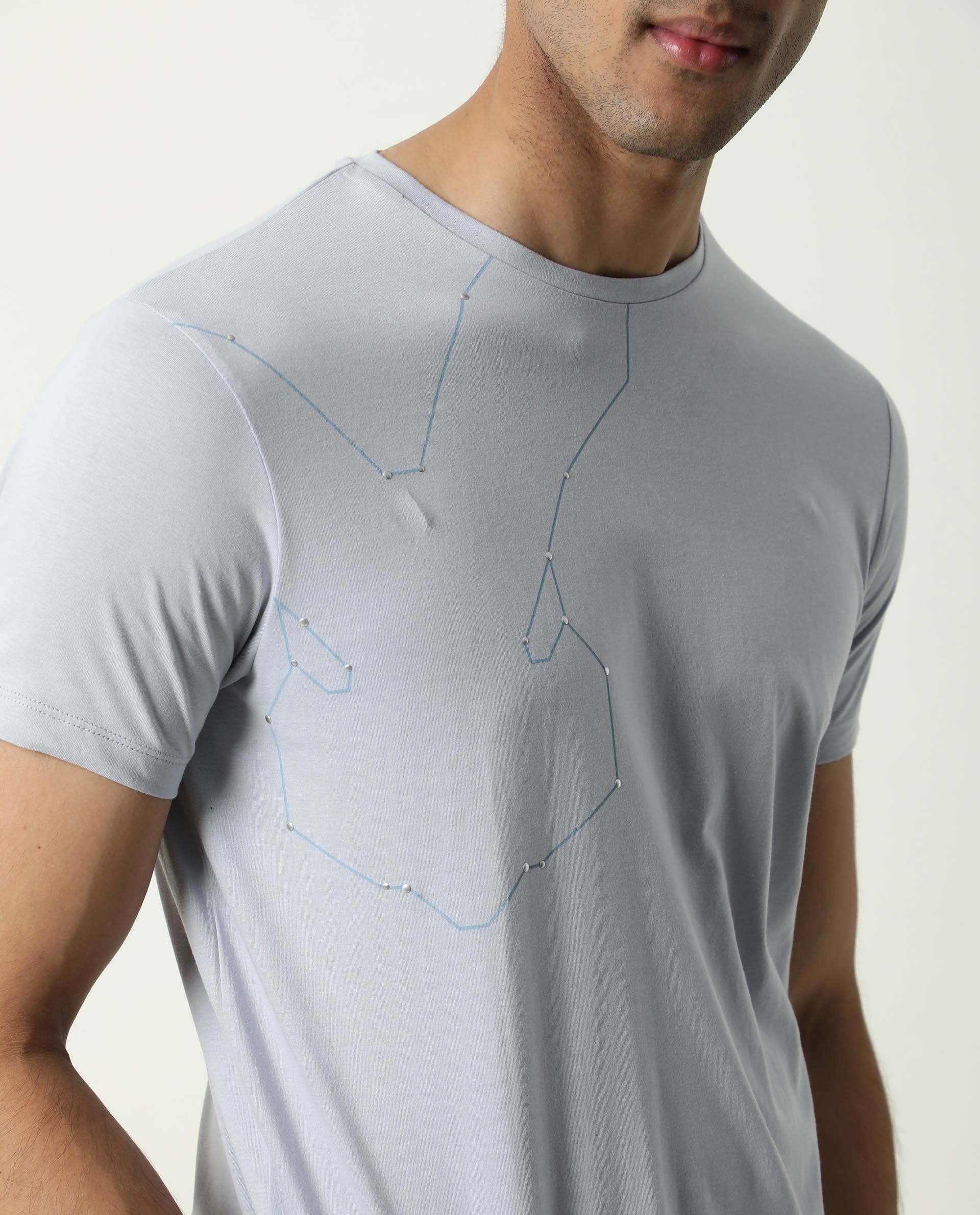 Rare Rabbit Men's Graphs Blue Crew Neck Slim Fit Graphic Printed T-Shirt