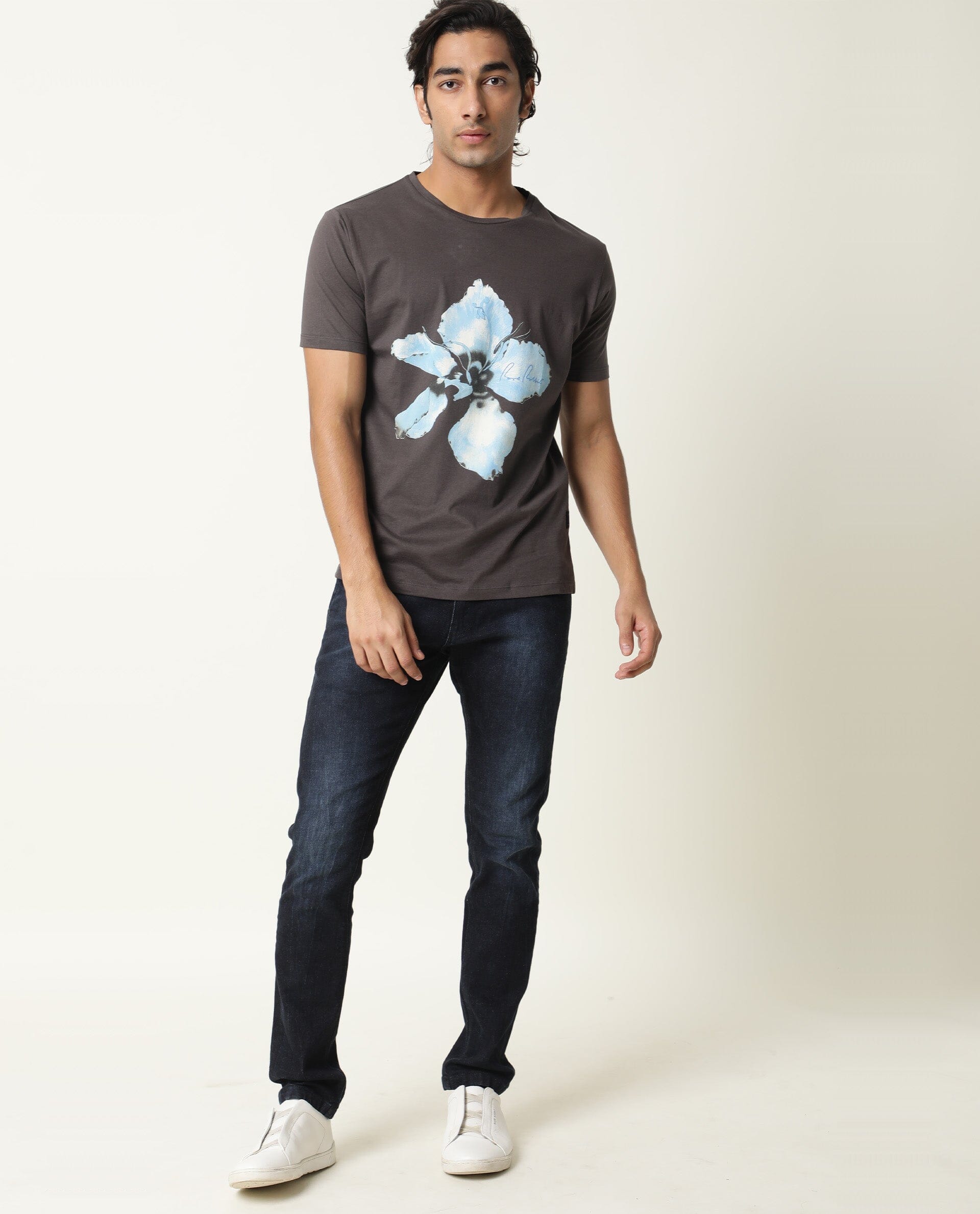 Rare Rabbit Men's Floas Dark Grey Crew Neck Half Sleeves Floral Graphic Print Slim Fit T-Shirt
