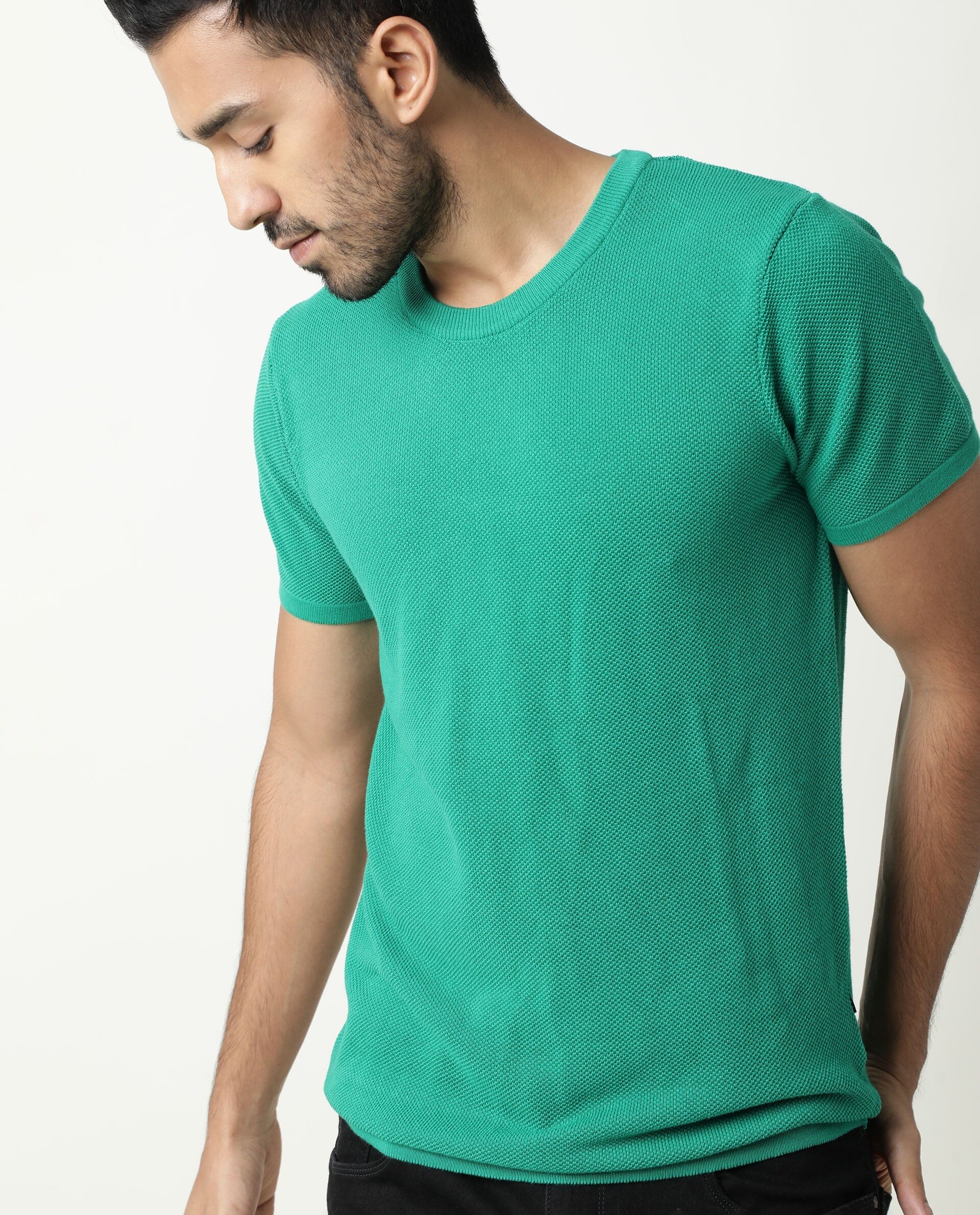 Rare Rabbit Men's Clue Green Solid Crew Neck Popcorn Textured Half Sleeves T-Shirt