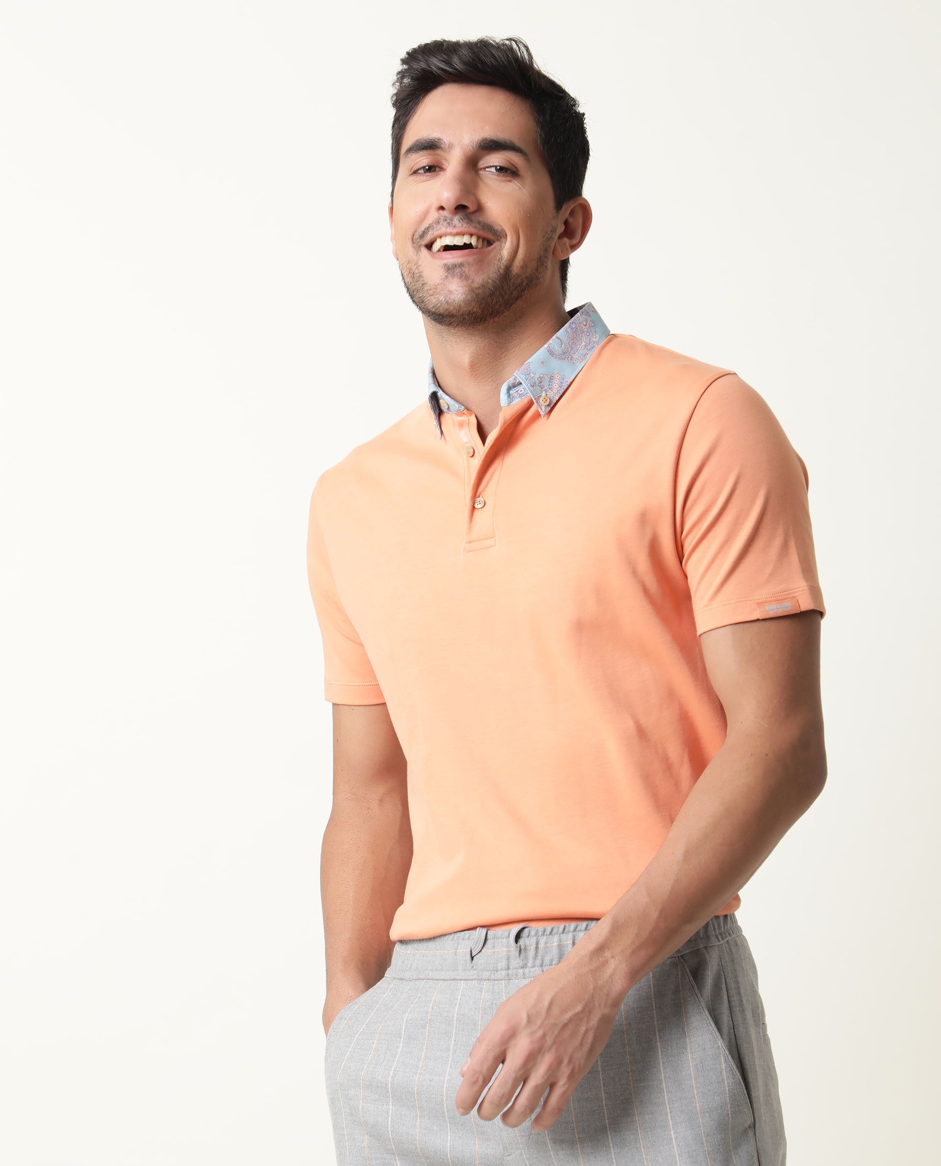 Rare Rabbit Men's Ringer Peach Cotton Fabric Printed Collar Neck Half Sleeves Polo T-Shirt