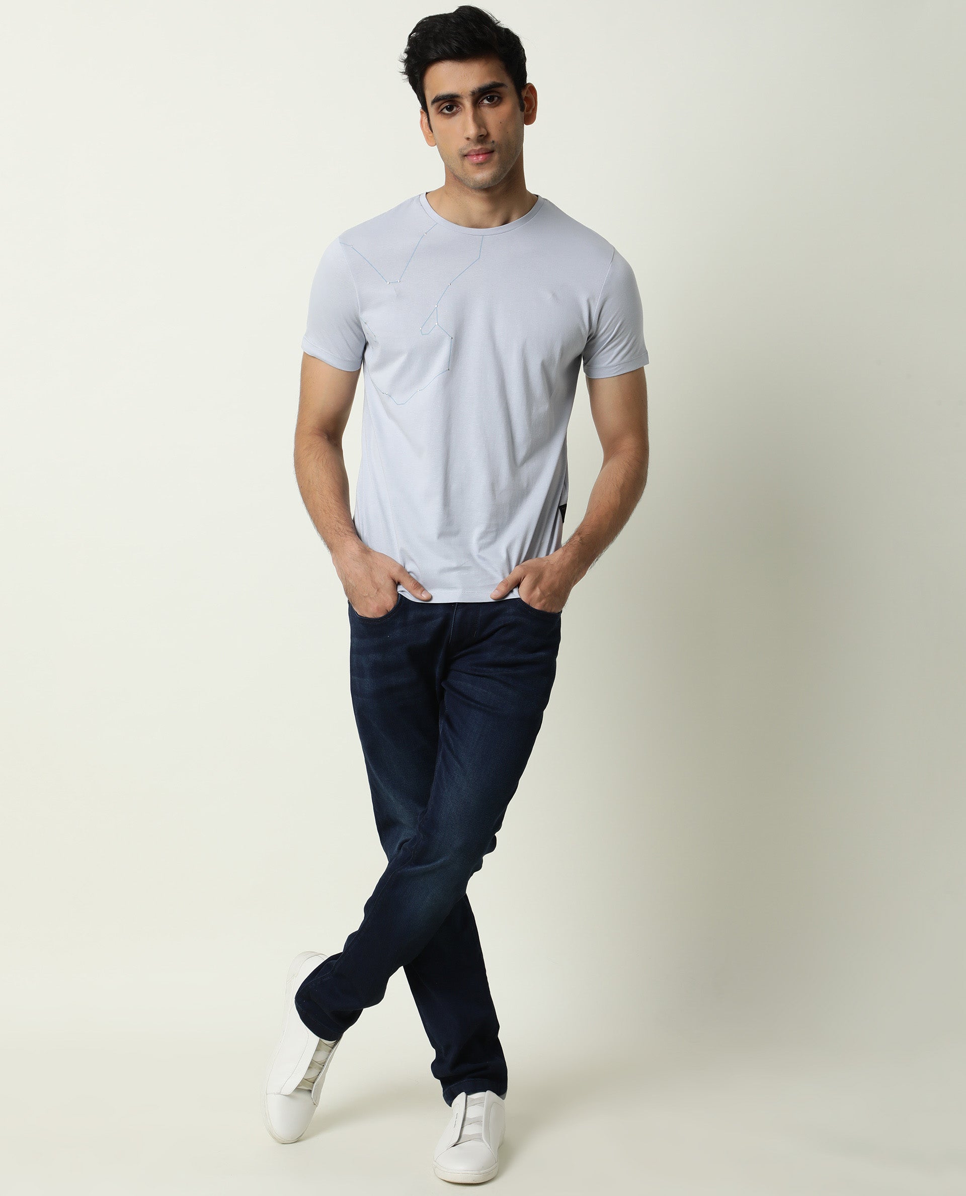 Rare Rabbit Men's Graphs Blue Crew Neck Slim Fit Graphic Printed T-Shirt