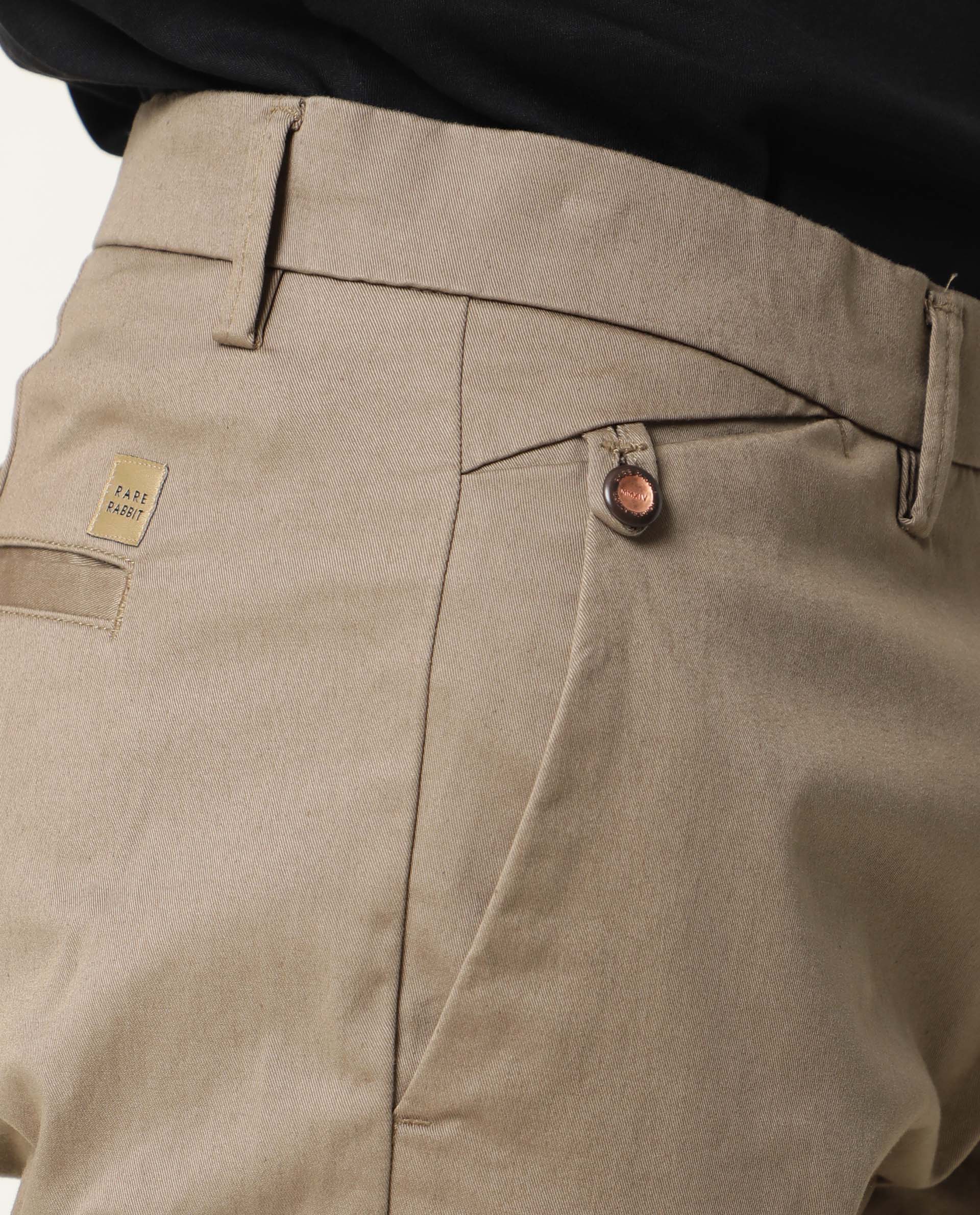 Rare Rabbit Men's Aps Brown Solid Mid-Rise Regular Fit Stretch Trouser