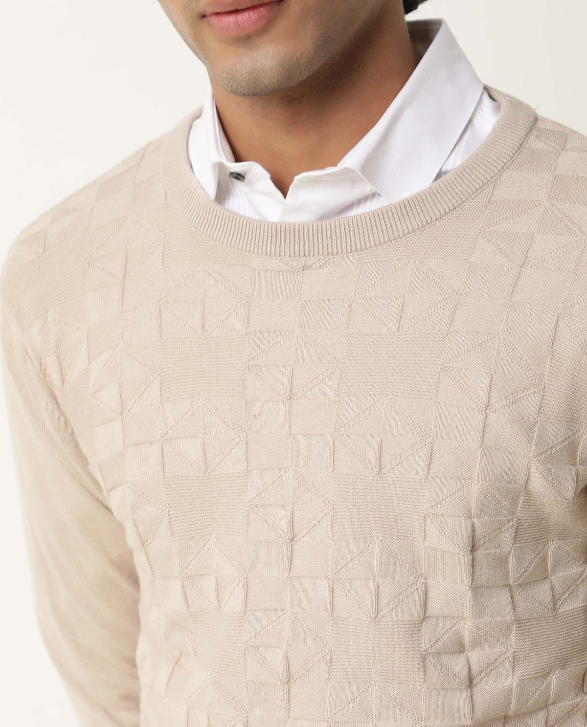 Rare Rabbit Russ Primary Beige Pullover Cotton Fabric Full Sleeve Round Neck Slim Fit