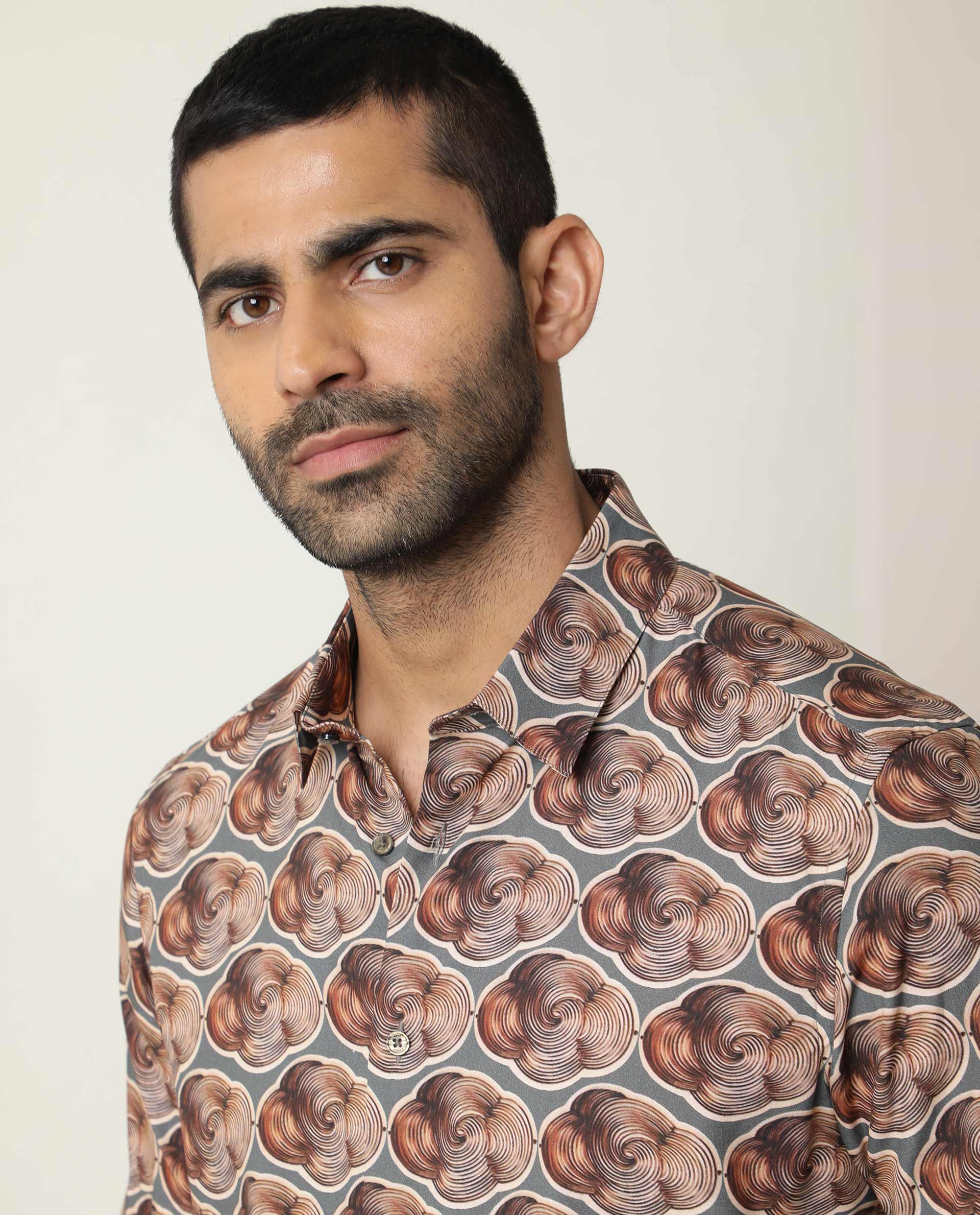 Rare Rabbit Men's Tymon Ss Grey Viscose Fabric Abstract Print Half Sleeves Shirt