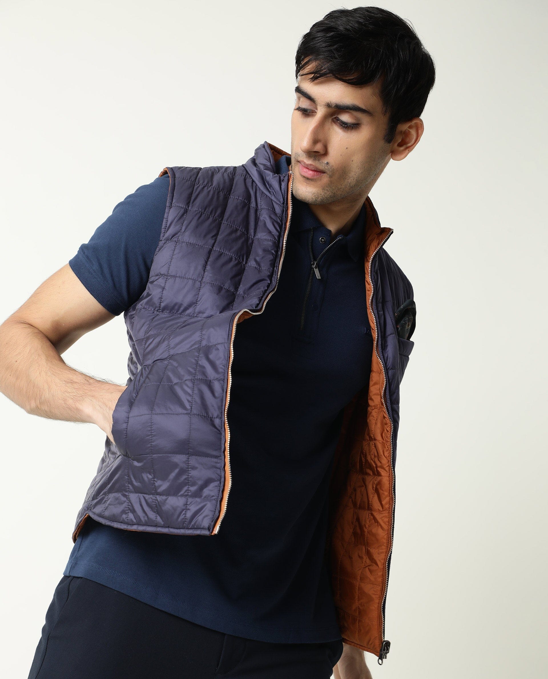 Rare Rabbit Men's Fillex Dark Blue Solid Reversible Quilted Sleeveless Puffer Jacket