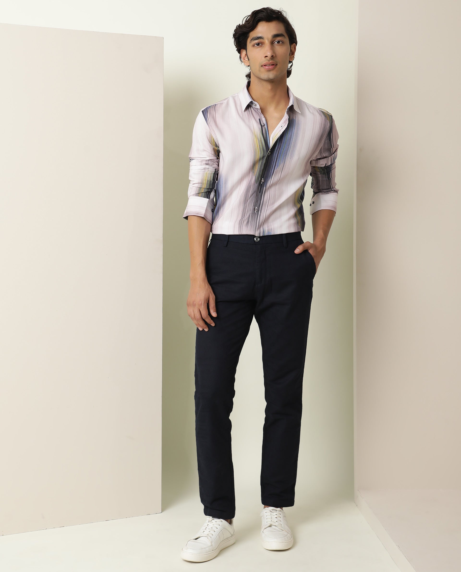 Rare Rabbit Men's Cosmoss Blue Viscose Fabric Abstract Print Full Sleeves Shirt