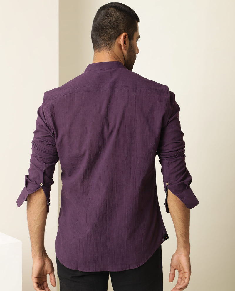 Rare Rabbit Men's Crinckle Purple Cotton Fabric Mandarin Collar Full Sleeves Solid Shirt