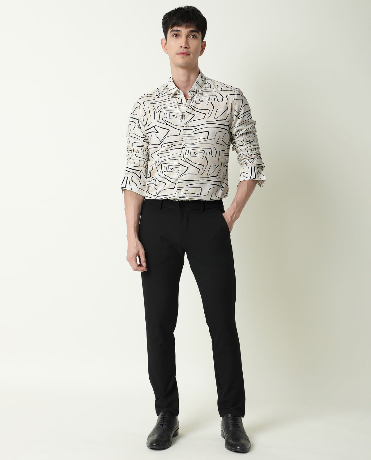 RARE RABBIT MEN'S ZERA OFF WHITE SHIRT VISCOSE FABRIC COLLARED NECK FULL SLEEVES BUTTON CLOSURE
