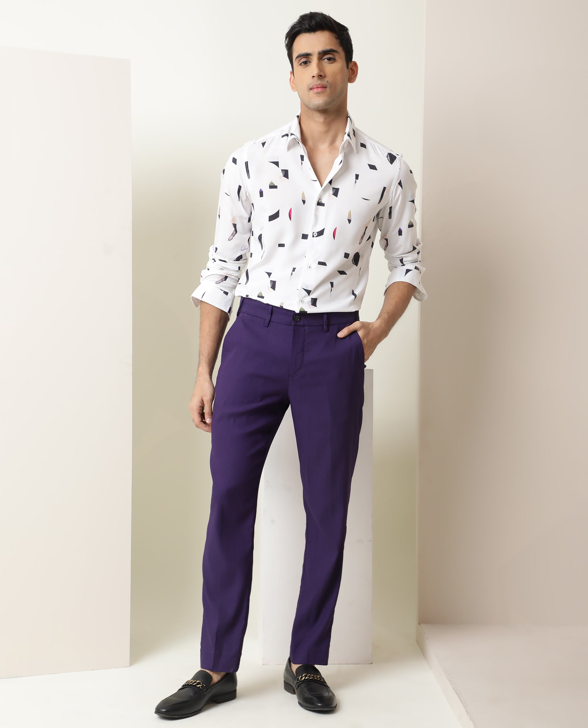 Rare Rabbit Men's Wedge White Cotton Fabric Abstract Print Full Sleeves Shirt