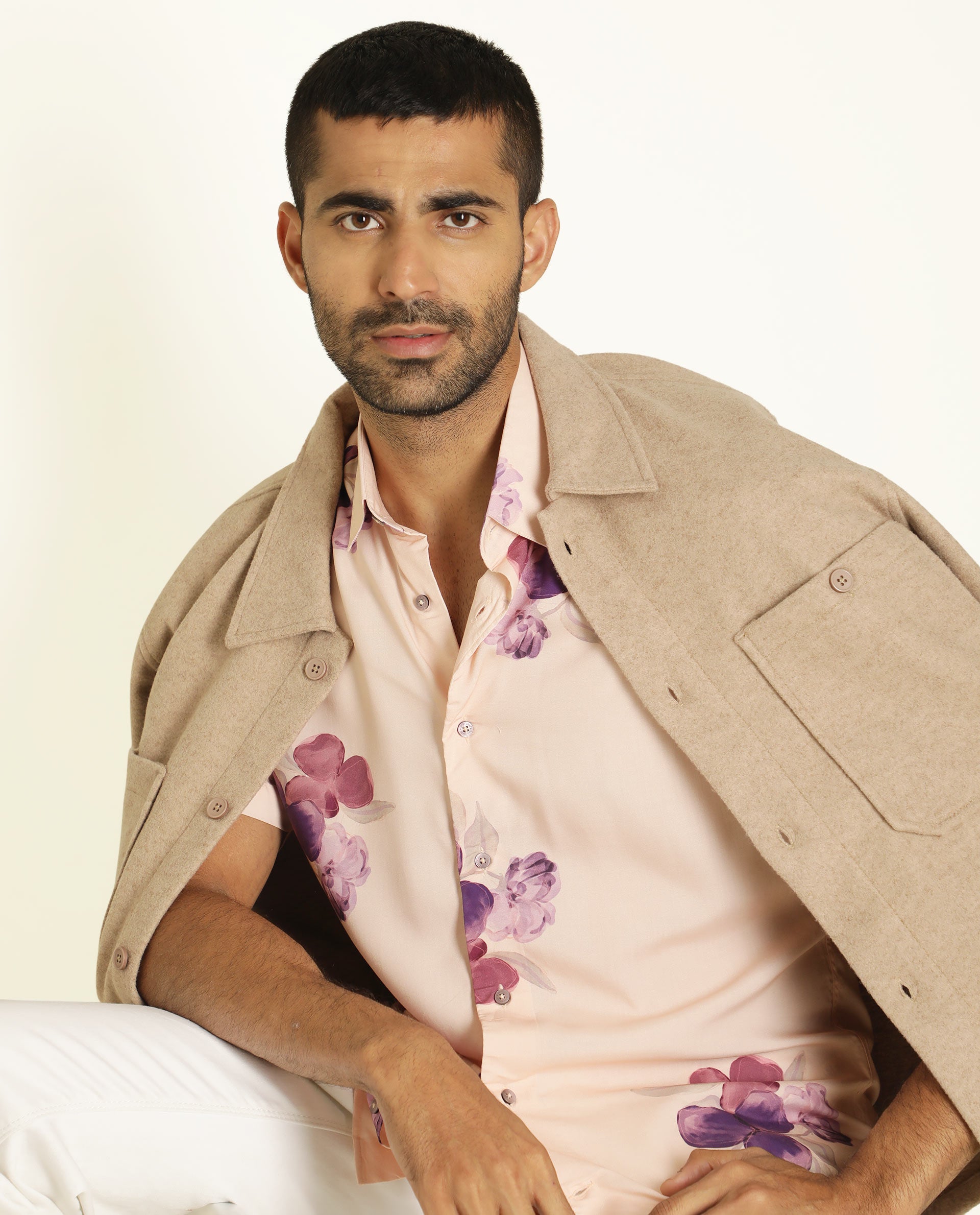 Rare Rabbit Men's Zion Beige Viscose Fabric Floral Print Half Sleeves Shirt