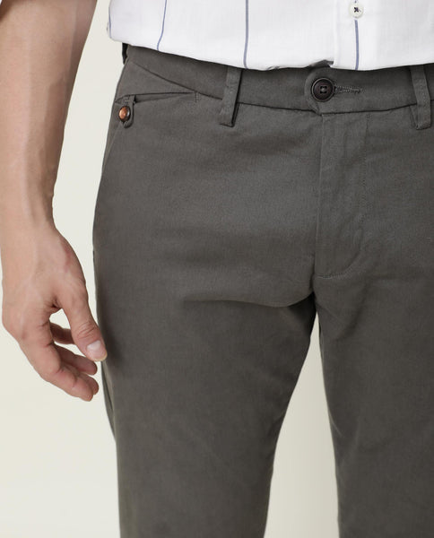 Rare Rabbit Men's Aps Grey Solid Mid-Rise Regular Fit Stretch Trouser