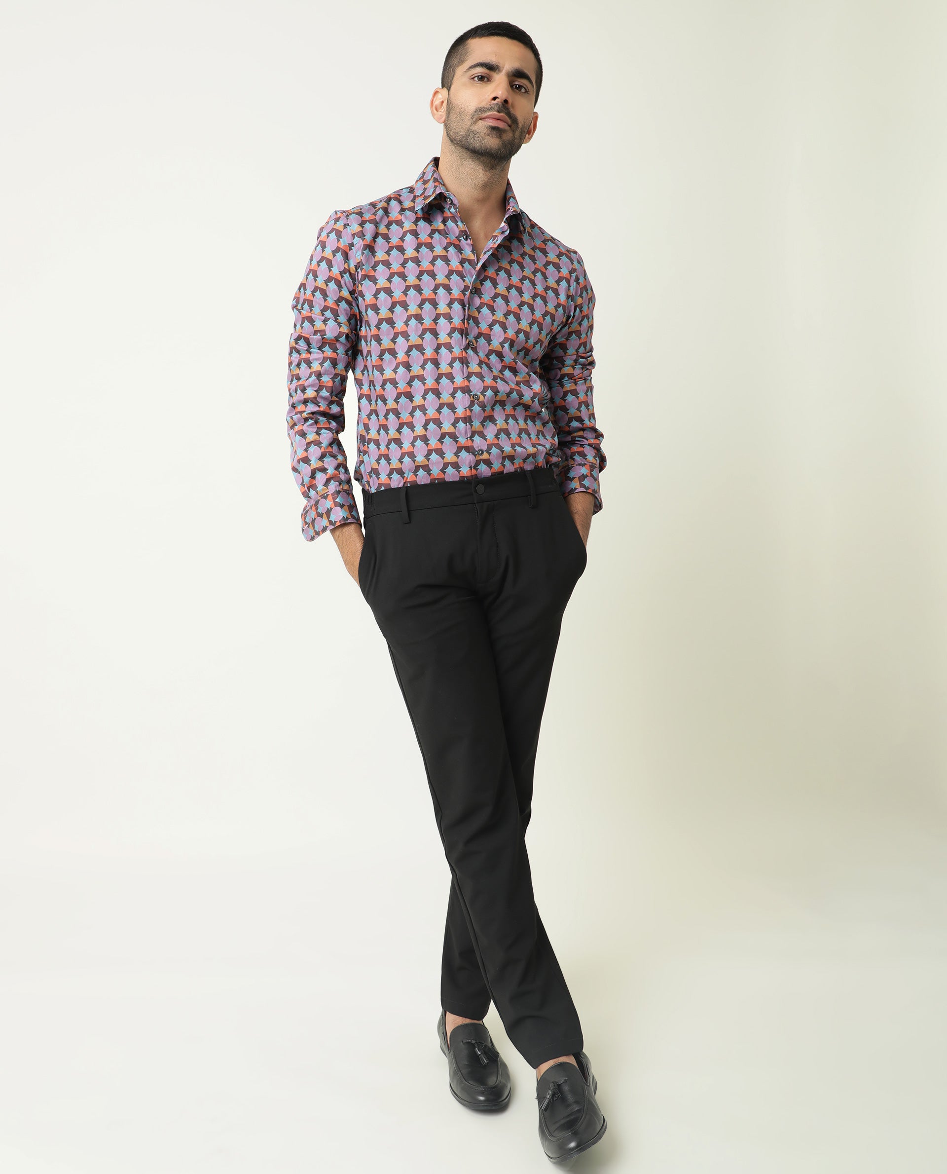 Rare Rabbit Men's Coret Multi Cotton Fabric Geometric Print Full Sleeves Shirt