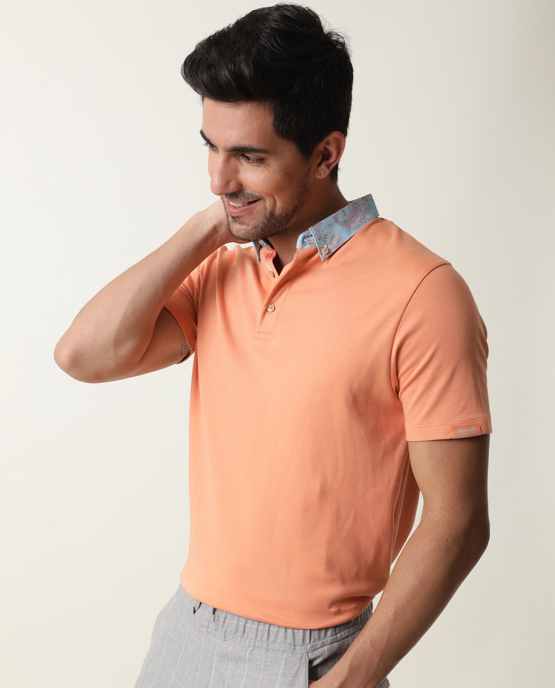 Rare Rabbit Men's Ringer Peach Cotton Fabric Printed Collar Neck Half Sleeves Polo T-Shirt