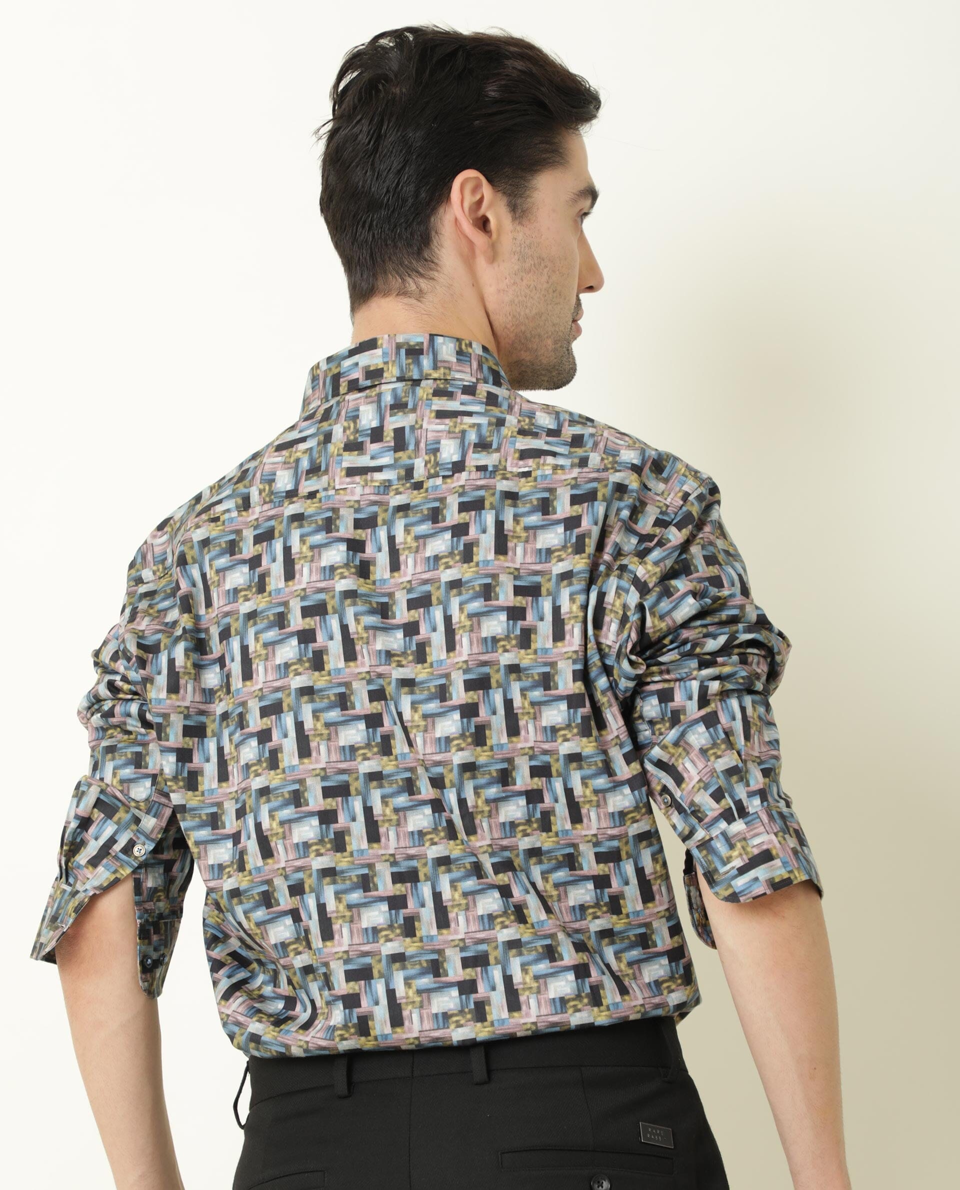 Rare Rabbit Men's Jigsawee Grey Cotton Fabric Geometric Print Full Sleeves Shirt