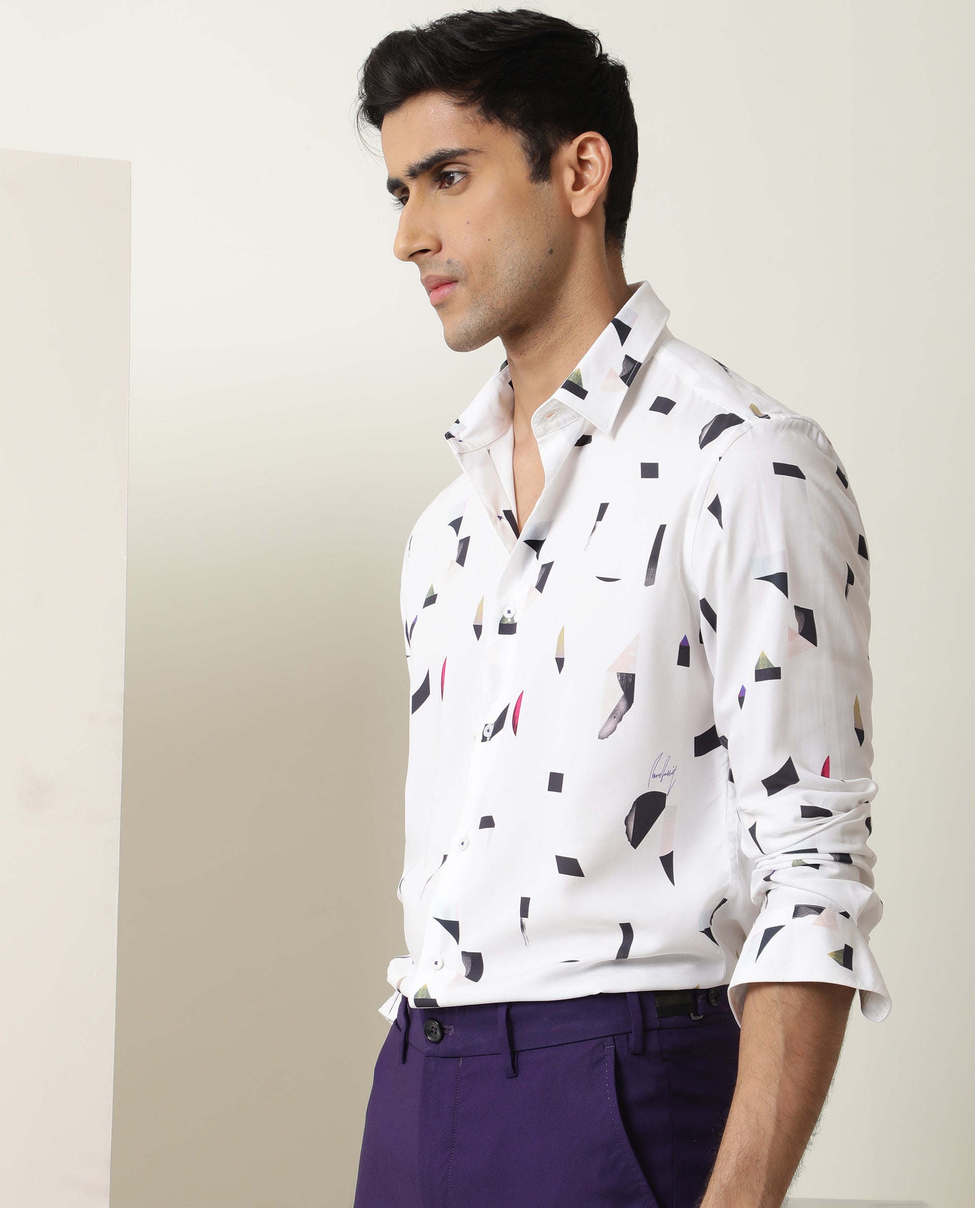 Rare Rabbit Men's Wedge White Cotton Fabric Abstract Print Full Sleeves Shirt
