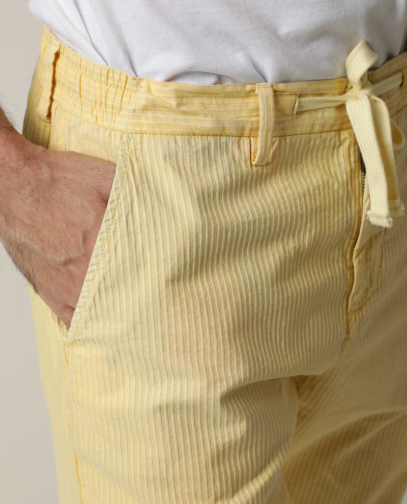 Rare Rabbit Men's Monter Mustard Stripe Dobby Mid-Rise With Drawstring And Elastic Waistband Regular Fit Trouser