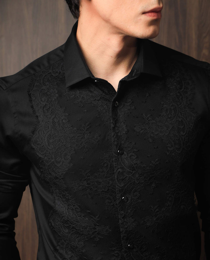 Rare Rabbit Men's Faro Black Cotton Fabric Lace Embroidered Full Sleeves Shirt