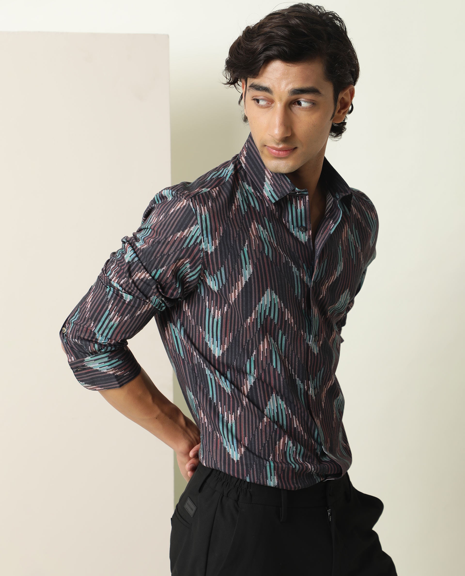 Rare Rabbit Men's Stria Brown Viscose Fabric Abstract Print Full Sleeves Shirt