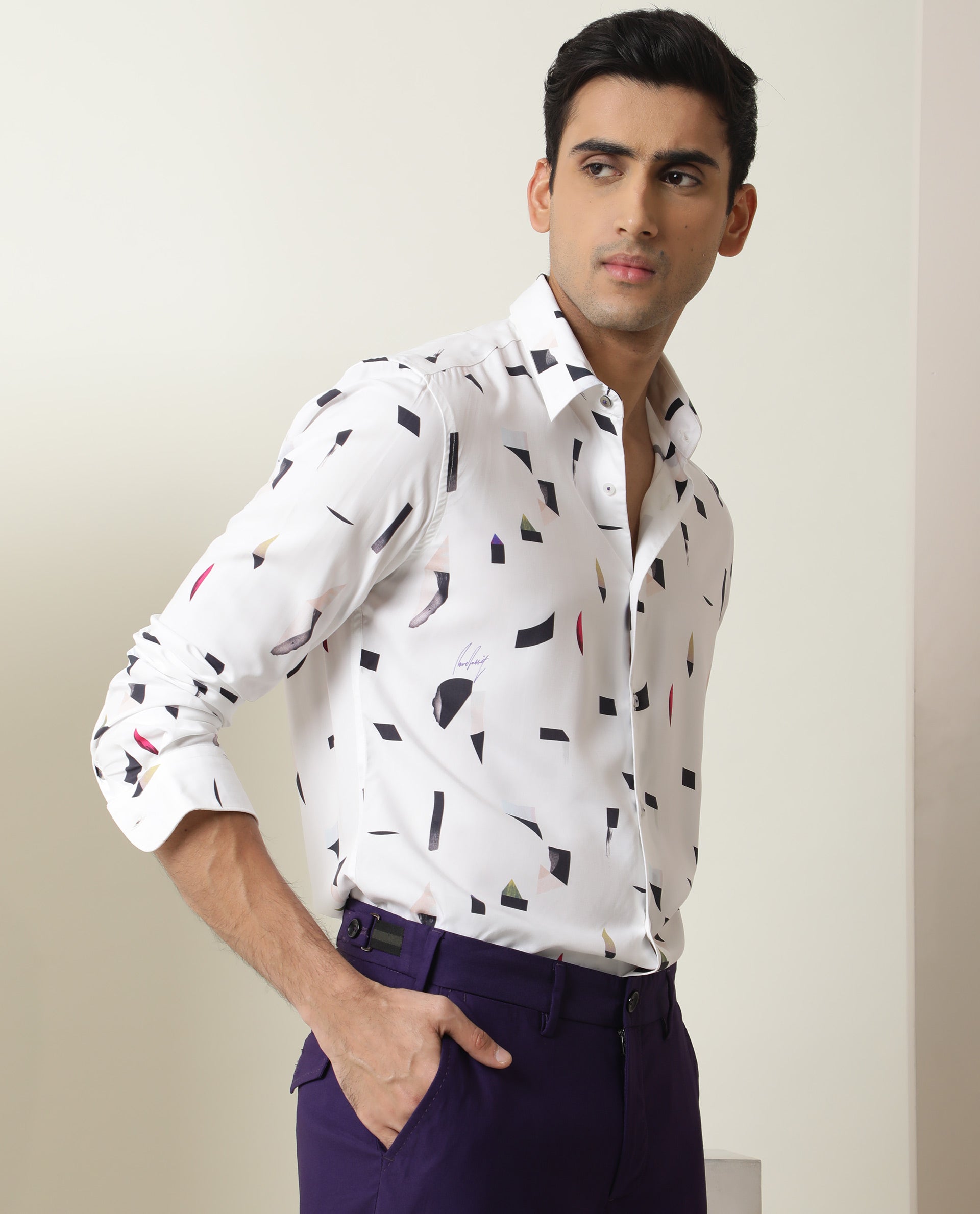 Rare Rabbit Men's Wedge White Cotton Fabric Abstract Print Full Sleeves Shirt