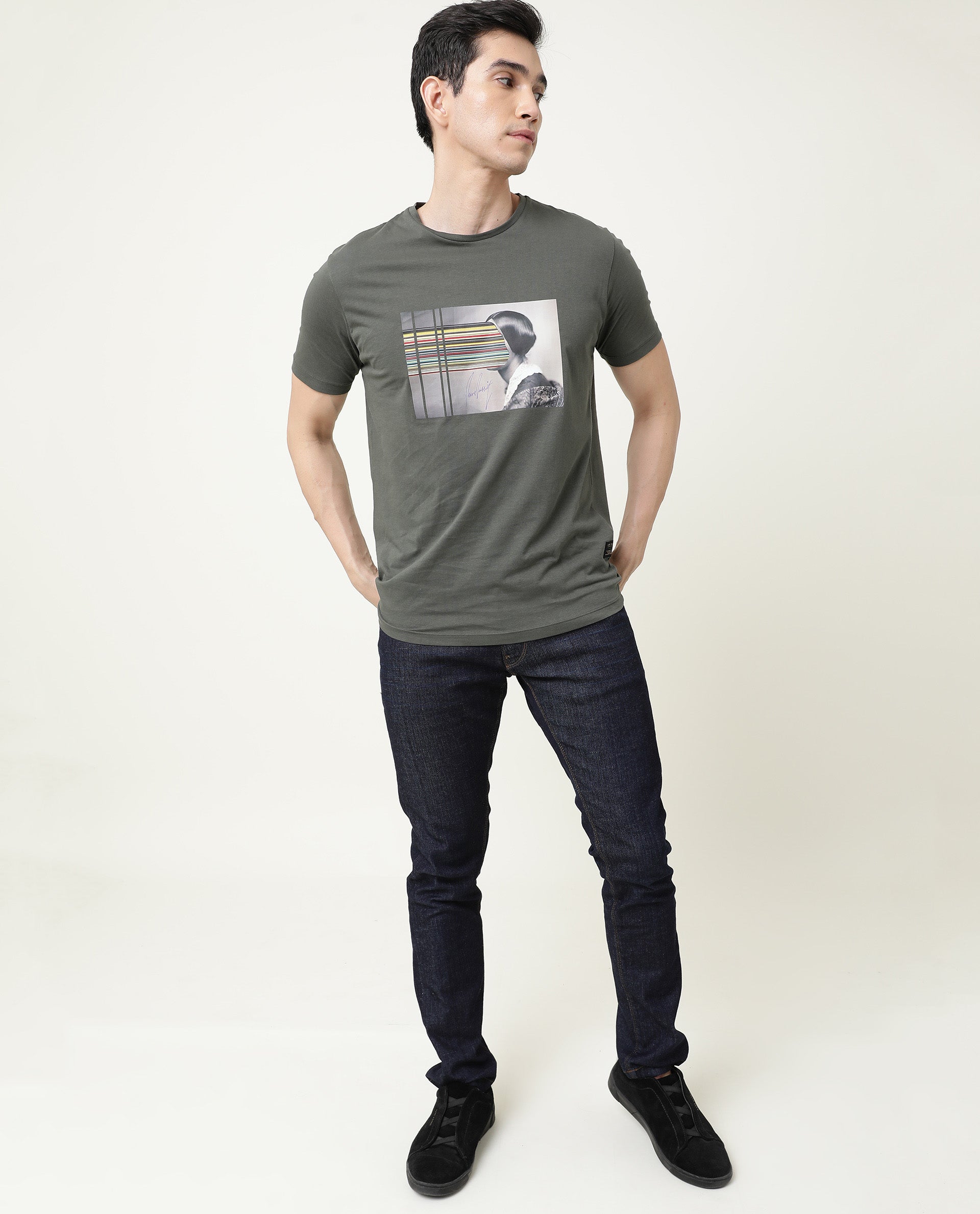 Rare Rabbit Men's Rainys Olive Crew Neck Abstract Print Slim Fit T-Shirt