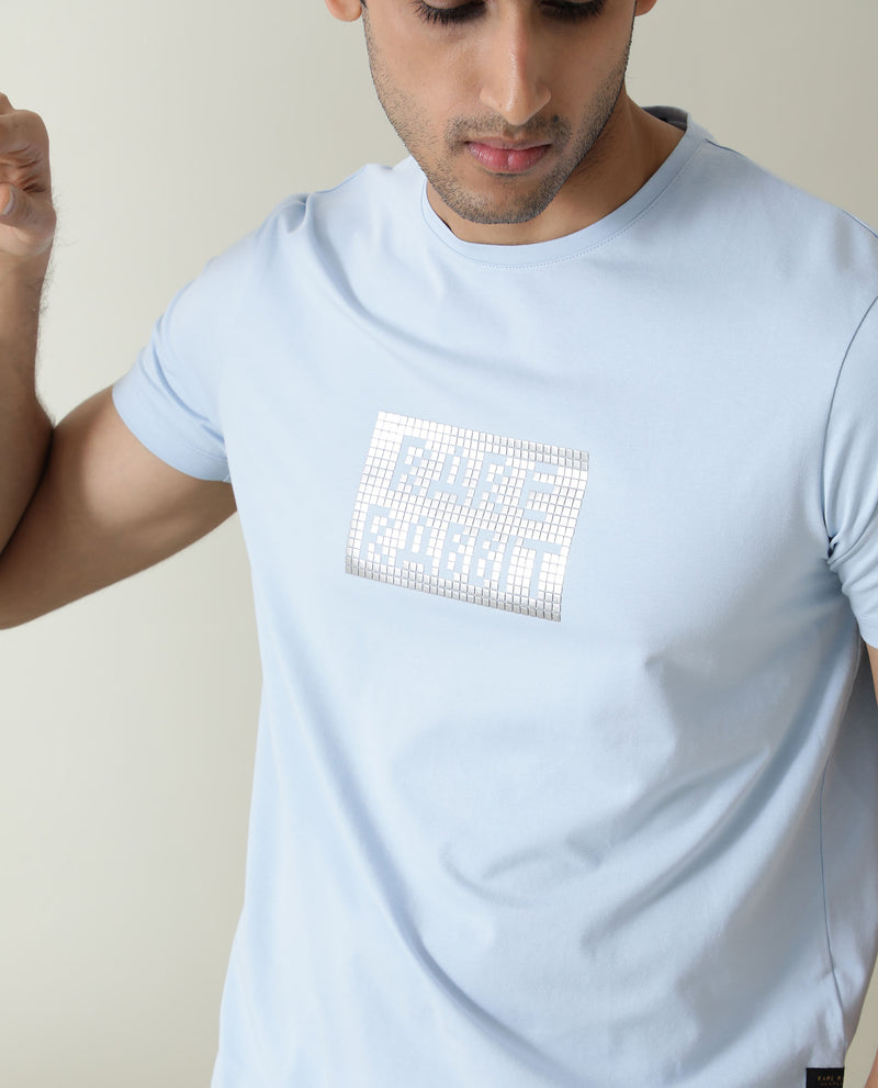 Rare Rabbit Men's Seal Pastel Blue Cotton Lycra Fabric Crew Neck Half Sleeves Regular Fit Foil HD Print T-Shirt