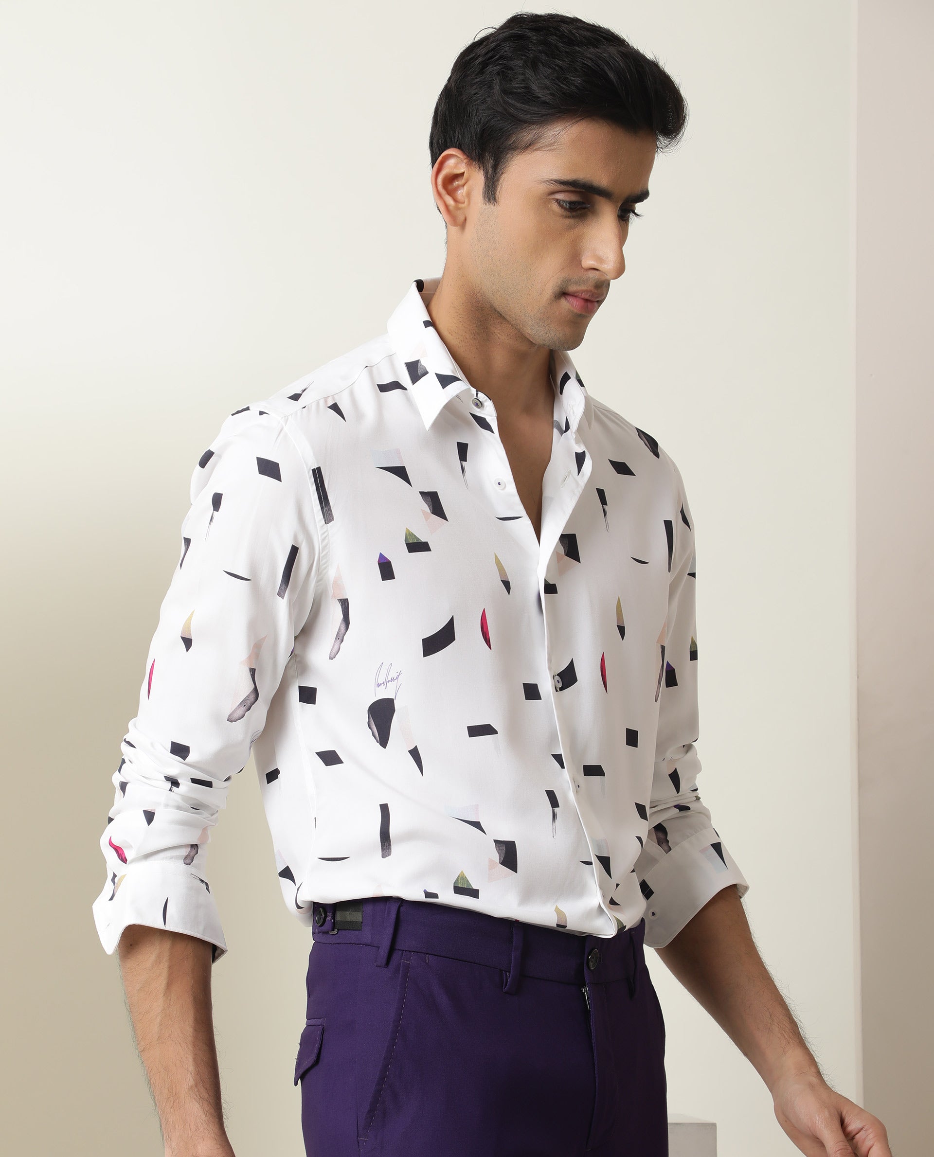 Rare Rabbit Men's Wedge White Cotton Fabric Abstract Print Full Sleeves Shirt