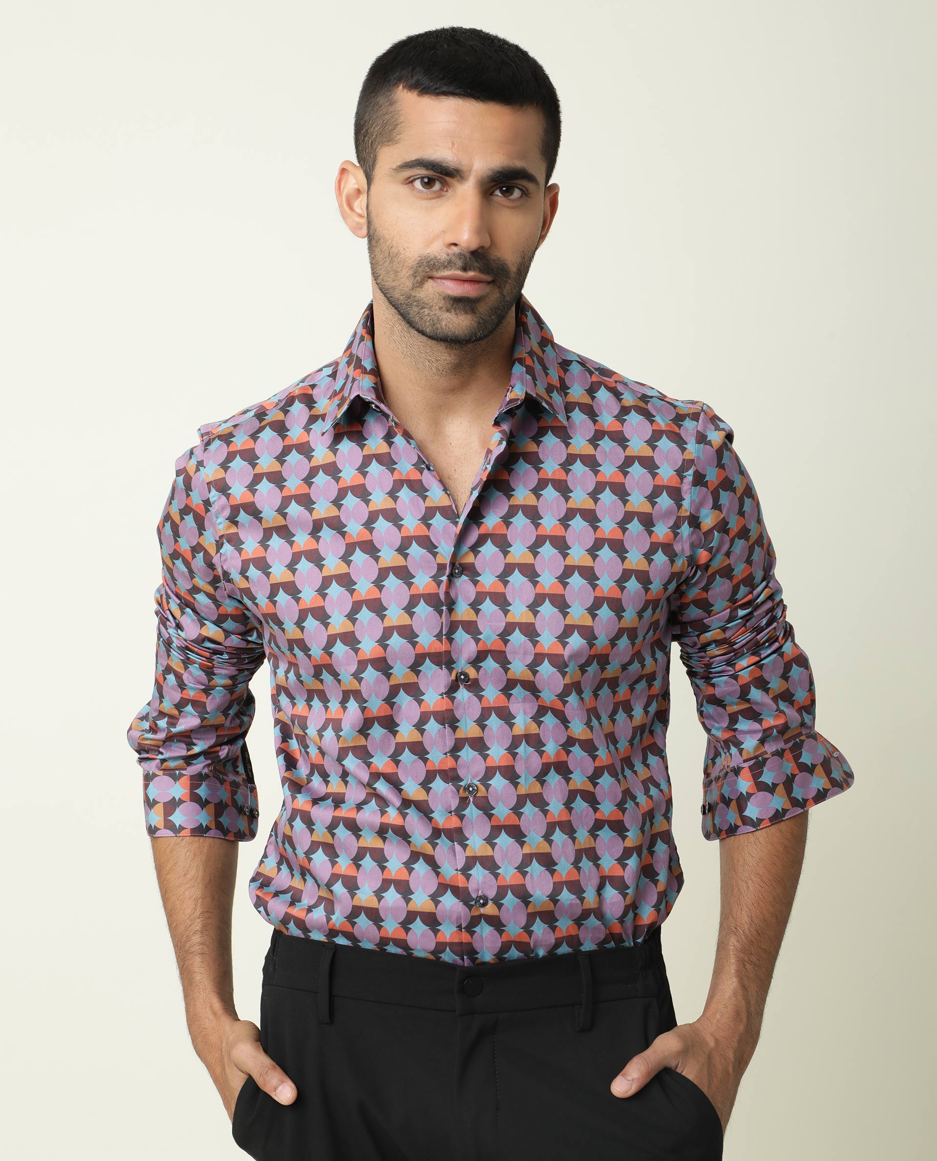 Rare Rabbit Men's Coret Multi Cotton Fabric Geometric Print Full Sleeves Shirt