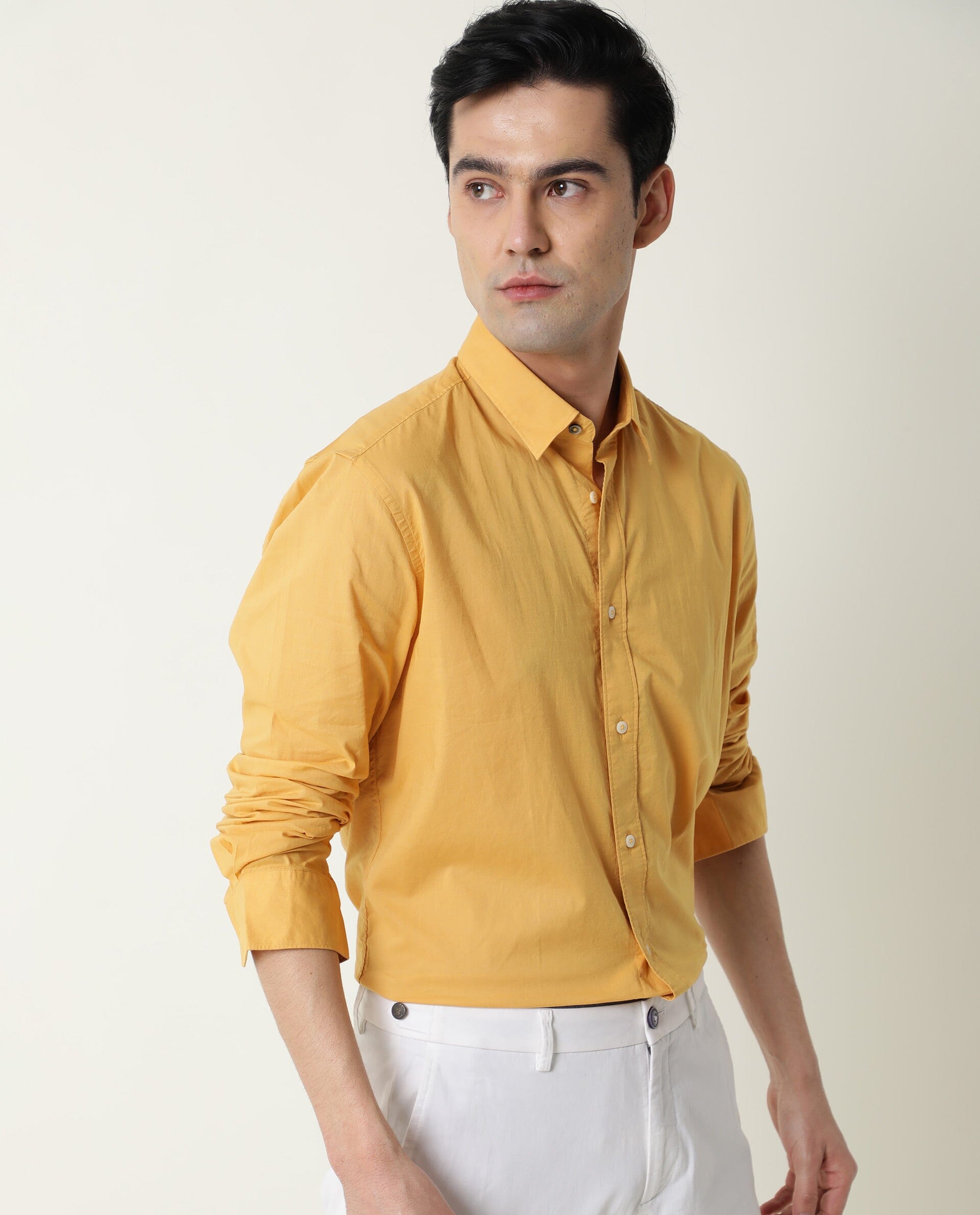 Rare Rabbit Men's Fullslee Yellow Cotton Fabric Full Sleeves Solid Shirt