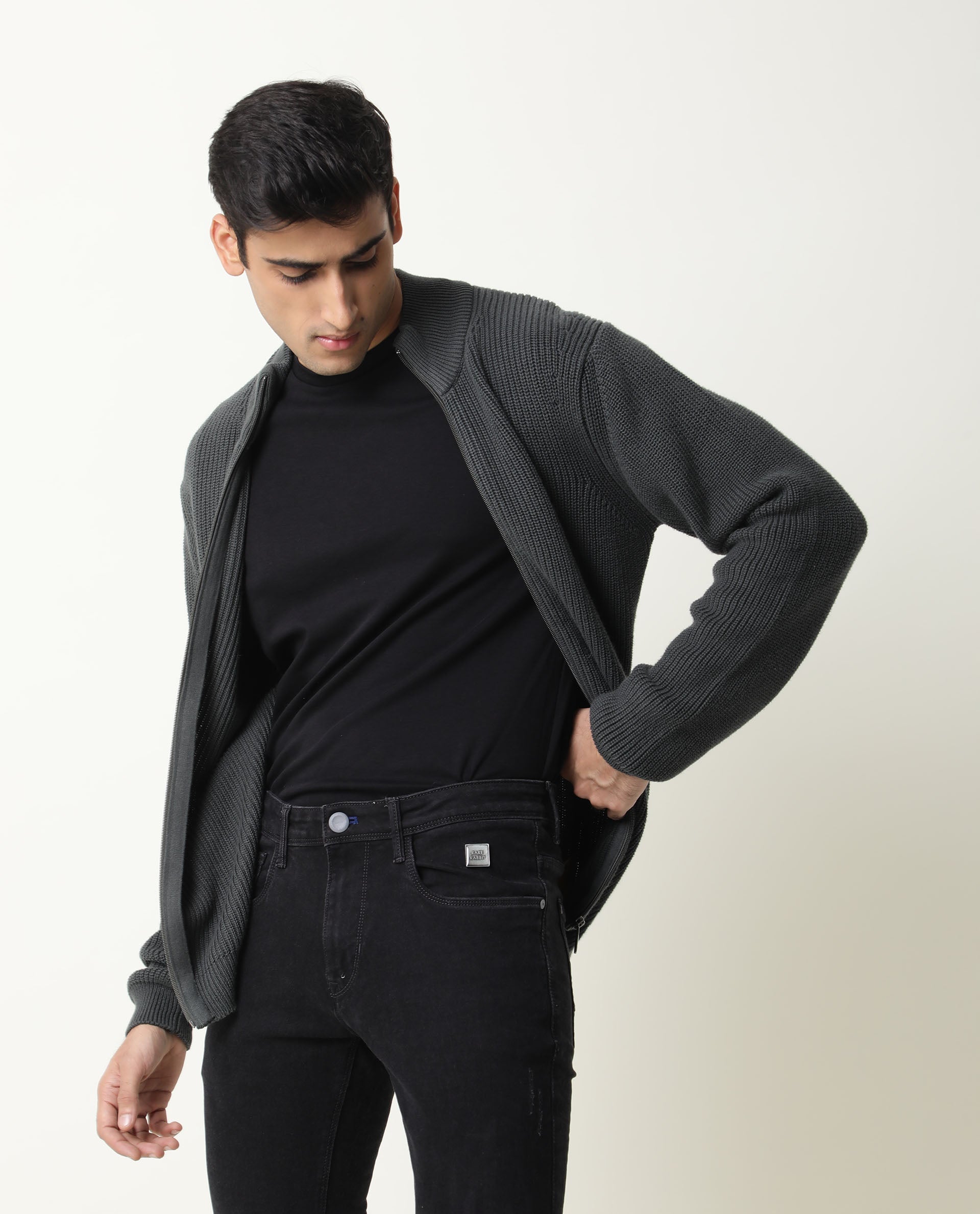 Rare Rabbit Track Primary Green Pullover Cotton Fabric Full Sleeve Mandarin Collar Slim Fit