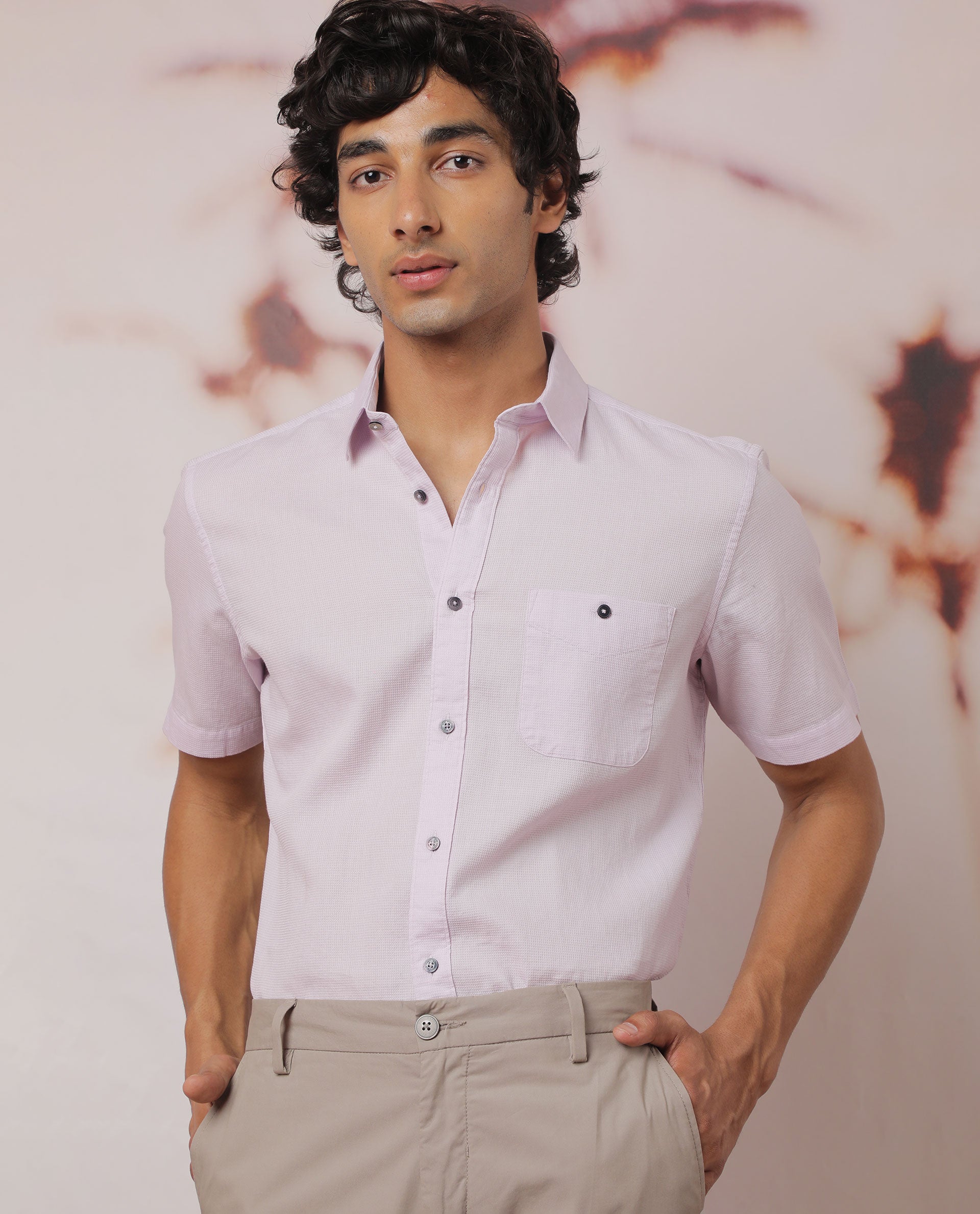 Rare Rabbit Men's Affle Pastel Purple Dobby Fabric Half Sleeves Solid Shirt